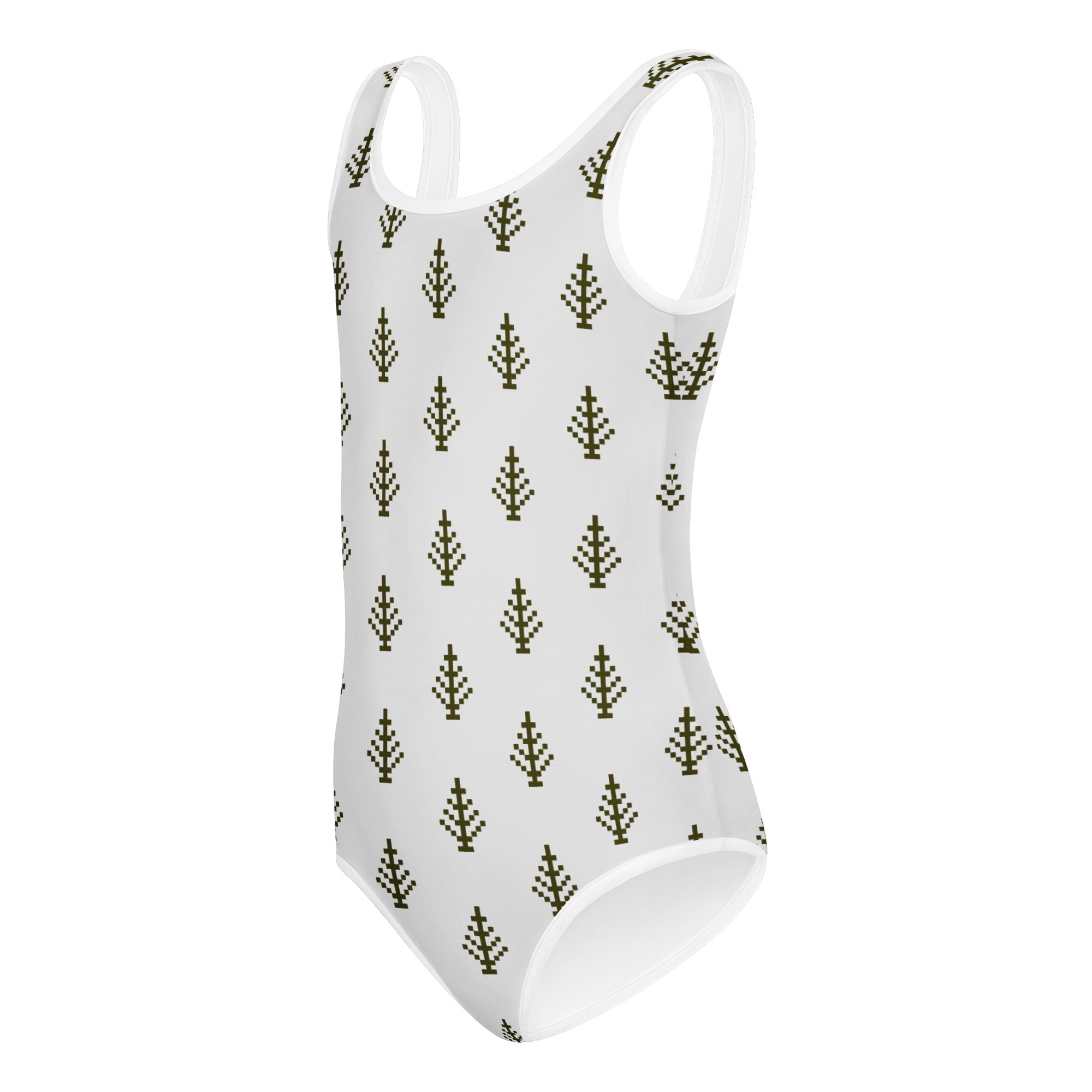 White one-piece girls leotard with olive green pixelated tree pattern buttery soft quick drying for dance and gymnastics
