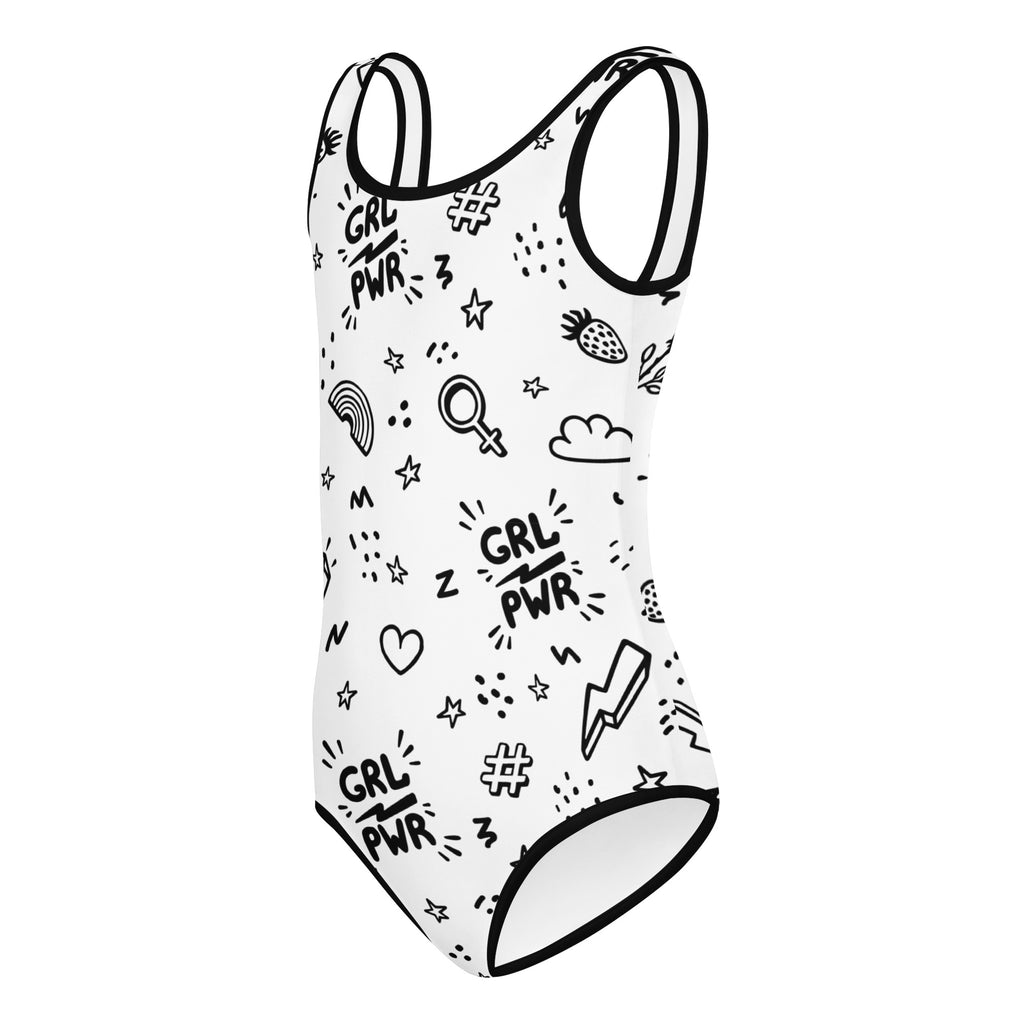 White buttery soft one-piece swimsuit with black girl power doodle graphics quick drying for dance and gymnastics