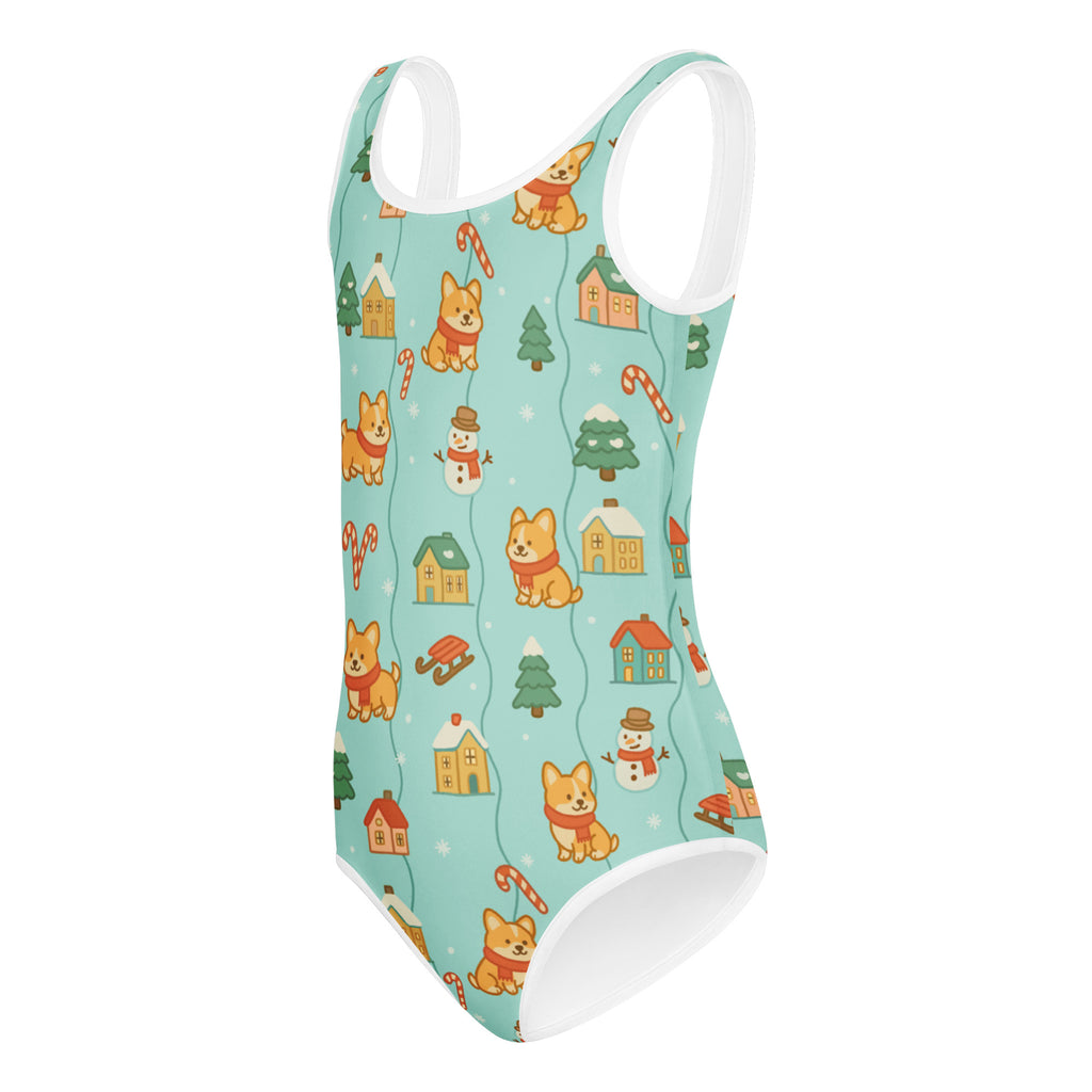 Girls Shiba Inu Christmas buttery soft teal one-piece swimsuit with orange corgis and holiday pattern for dance and gymnastics