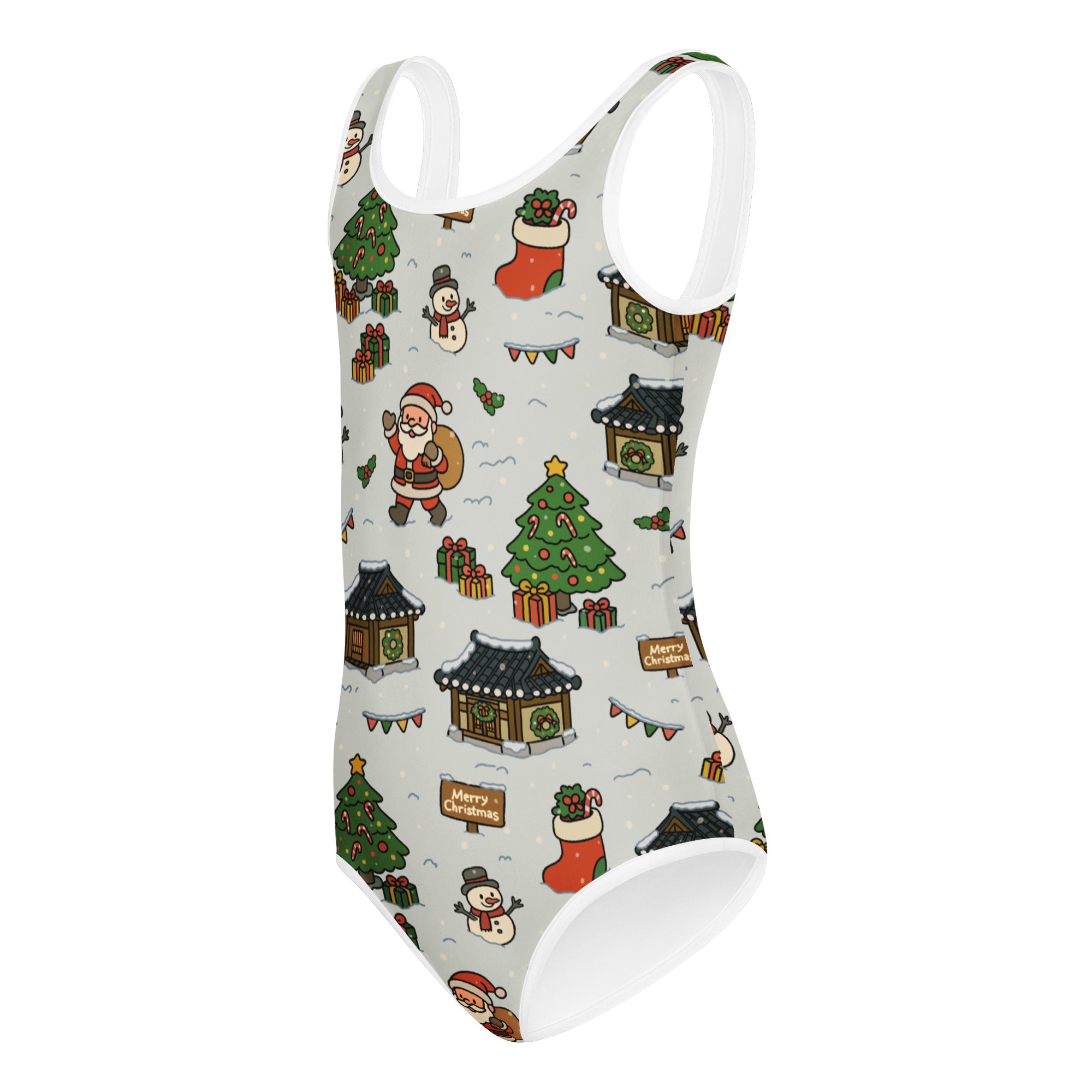 Girls Santa Village Christmas buttery soft light gray one-piece swimsuit with colorful festive illustrations for dance and gymnastics