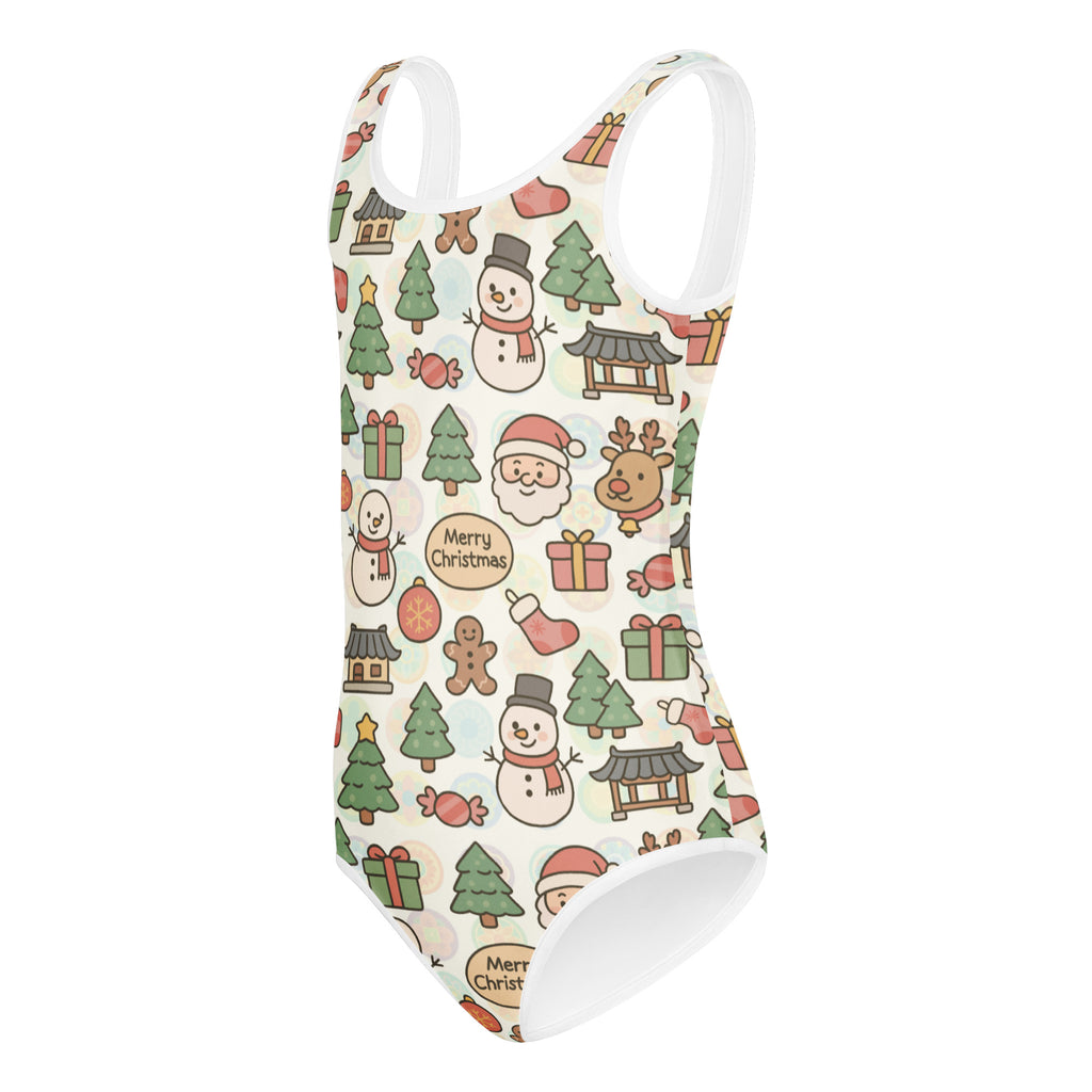 Girls merry christmas buttery soft one-piece swimsuit with pastel snowmen and santa print on off-white for dance and gymnastics