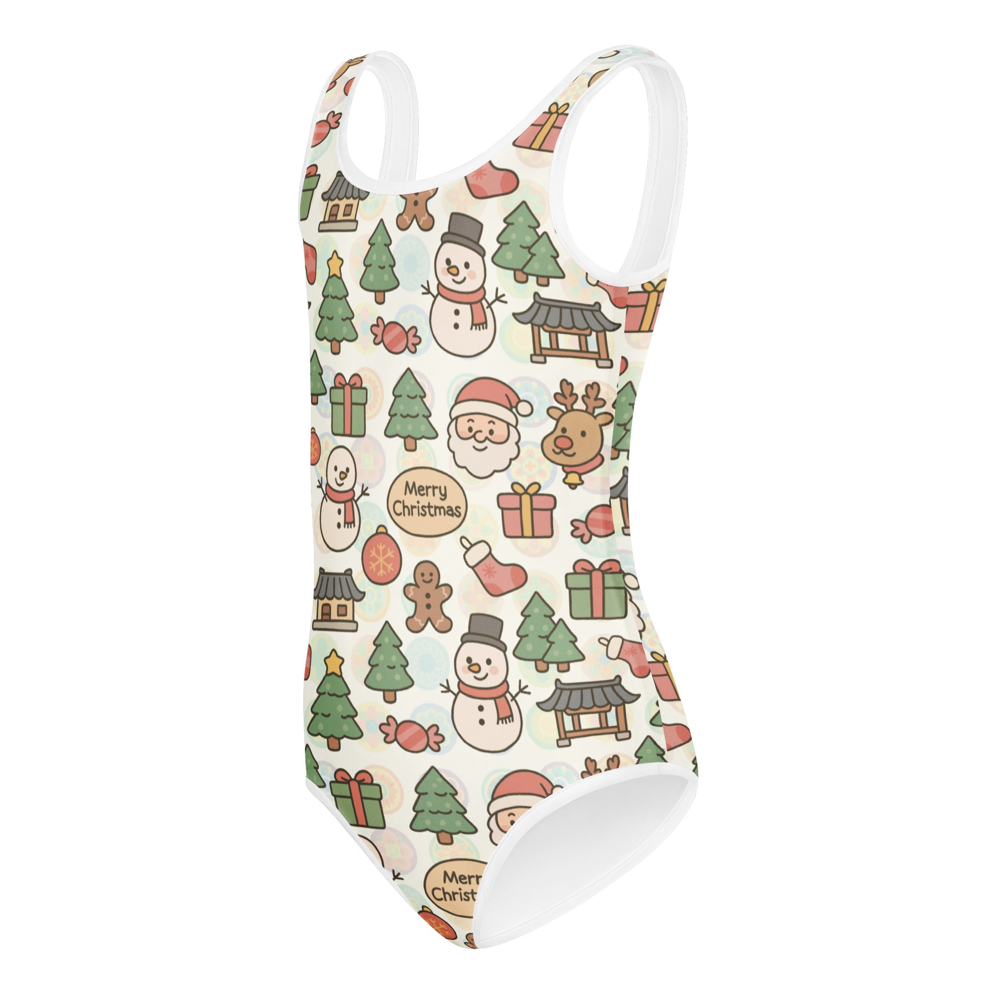 Girls merry christmas buttery soft one-piece swimsuit with pastel snowmen and santa print on off-white for dance and gymnastics