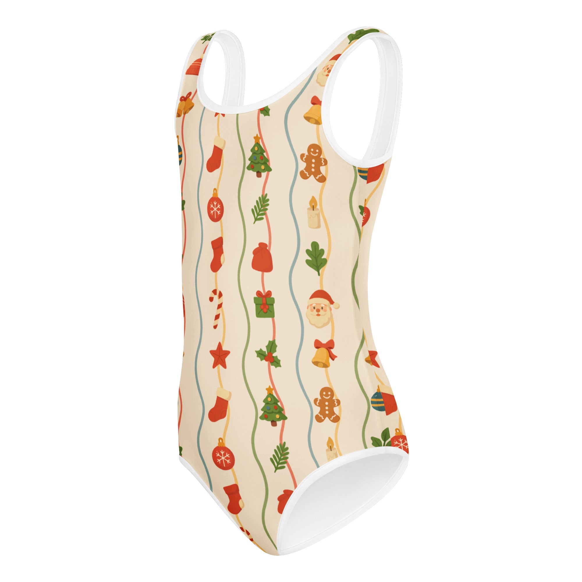 Girls christmas garland buttery soft beige one-piece swimsuit with white trim and festive holiday pattern for dance and gymnastics