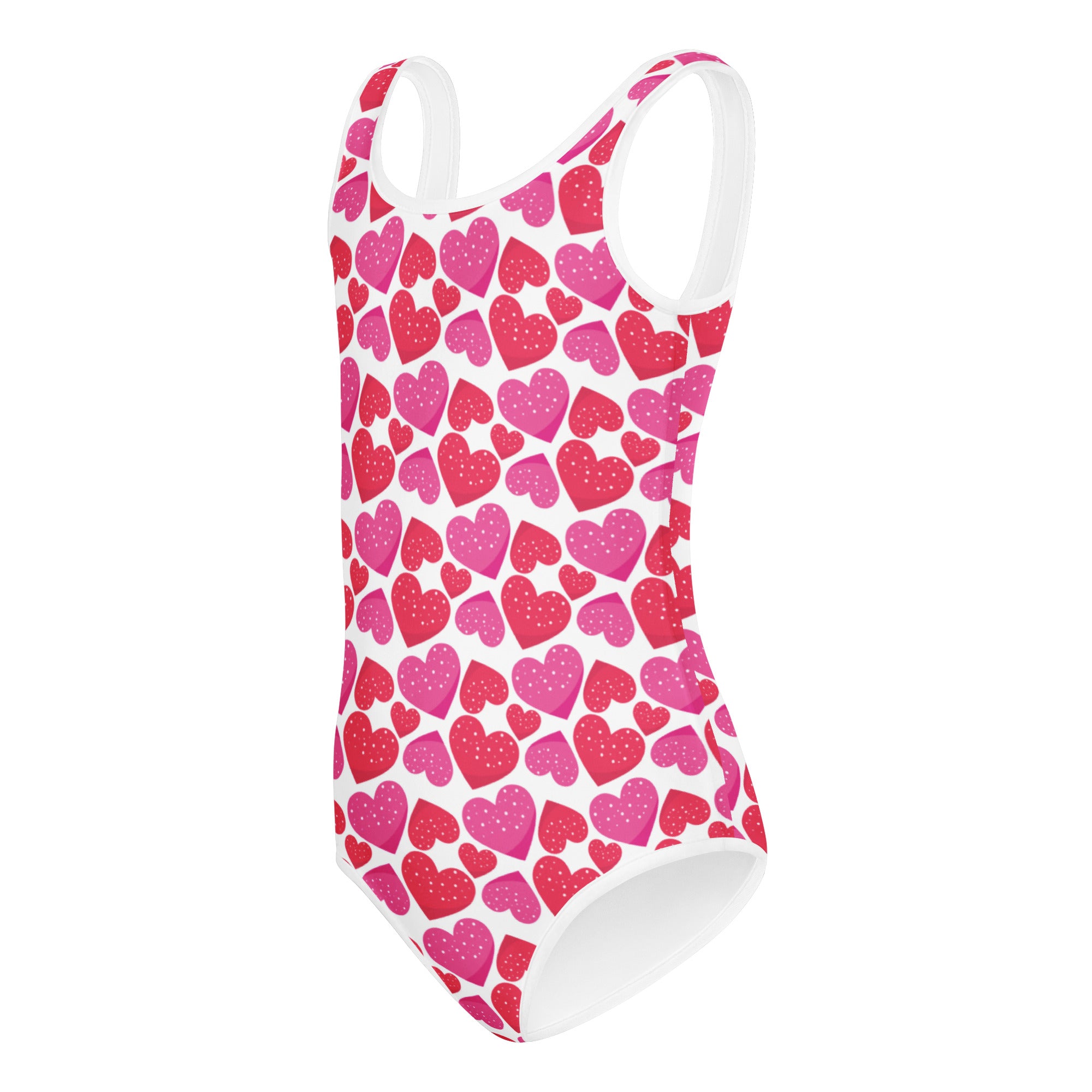 White one-piece girls valentine’s day heart leotard with vibrant pink and red pattern quick drying buttery soft