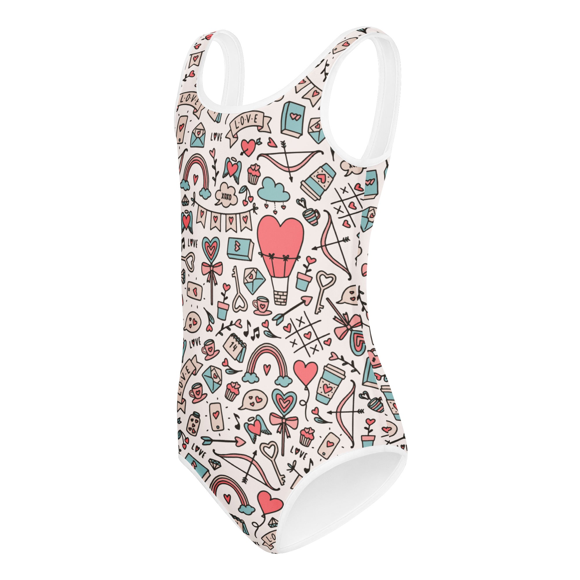 White girls valentine’s day doodle pattern leotard with hearts rainbows bows in soft pink teal quick drying buttery soft