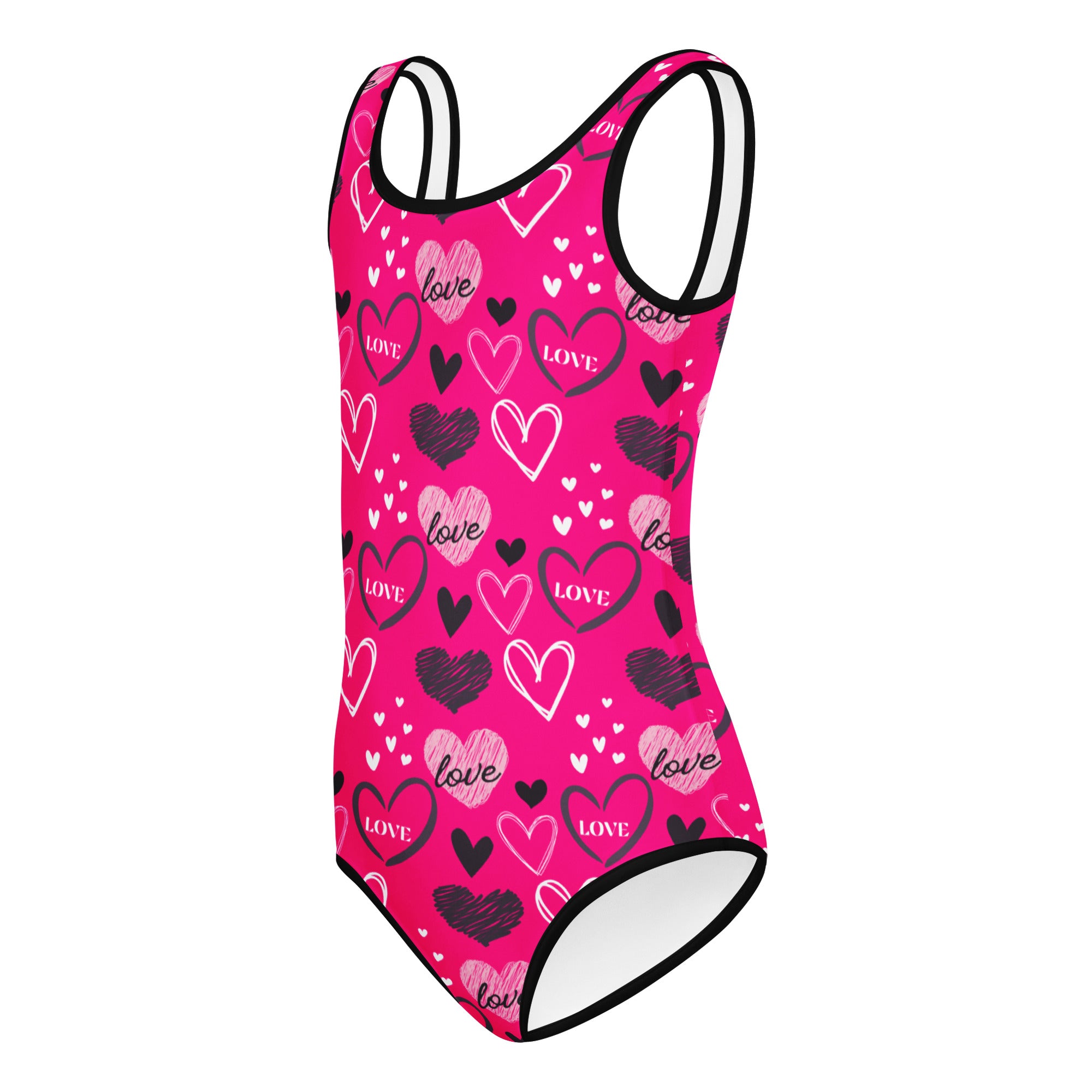 A vibrant pink girls Valentines Day love heart buttery soft quick drying leotard with sketch style hearts and cursive love