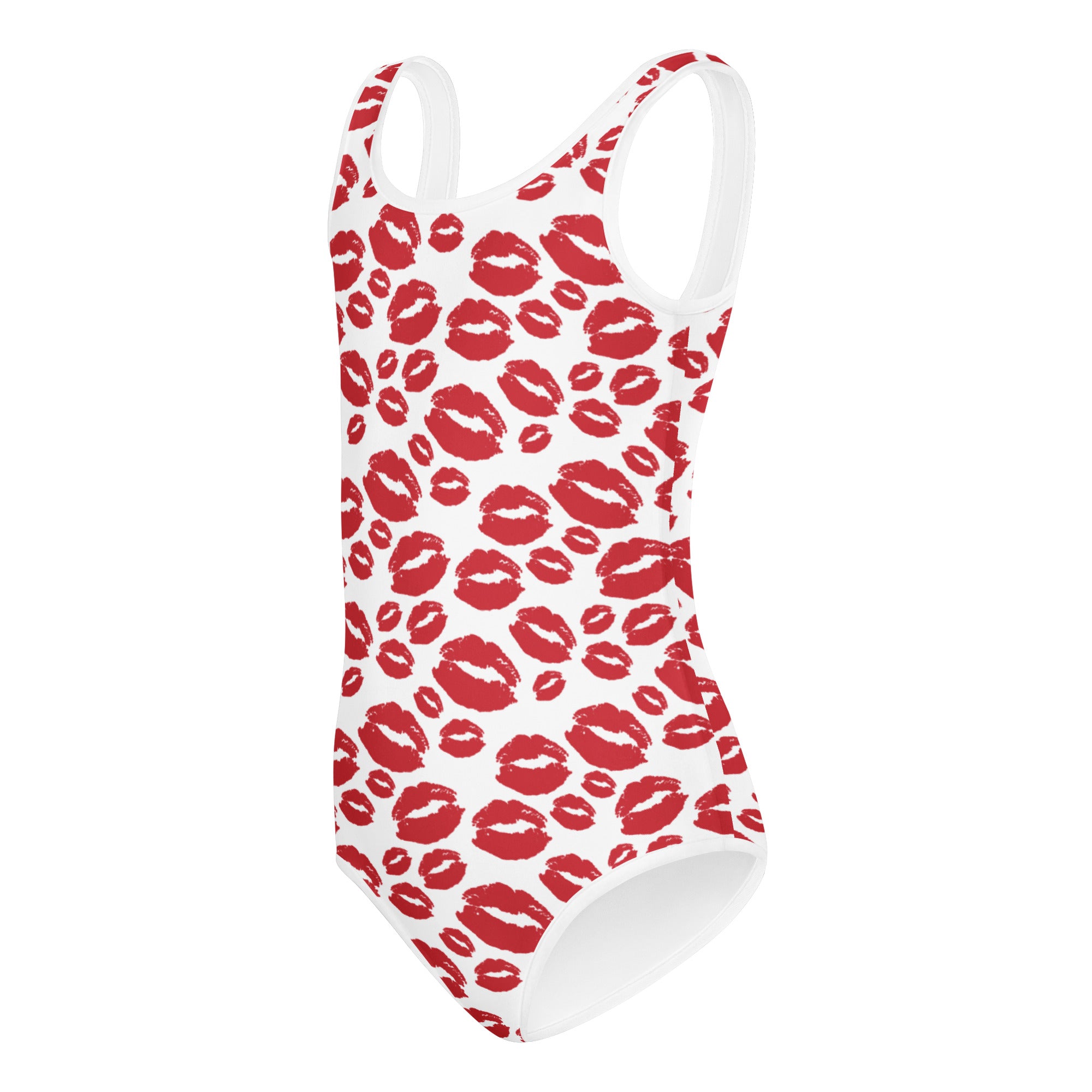 Girls Valentines Day white one-piece swimsuit with red lipstick kiss prints buttery soft quick drying for dance and gymnastics