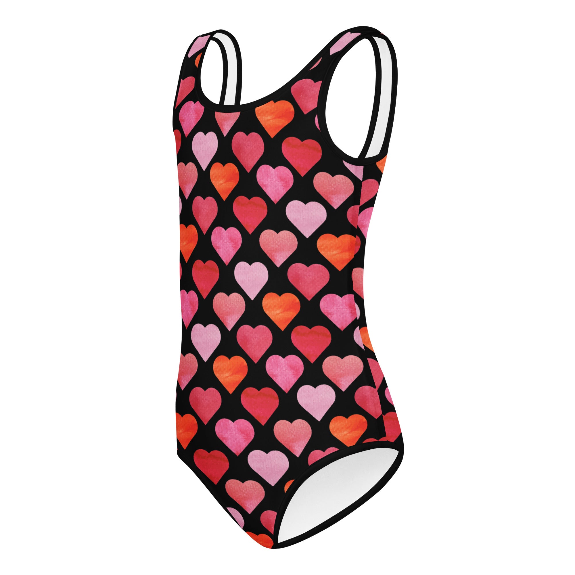 Girls Valentine’s Day black one-piece leotard with watercolor heart pattern in pink coral red buttery soft quick drying