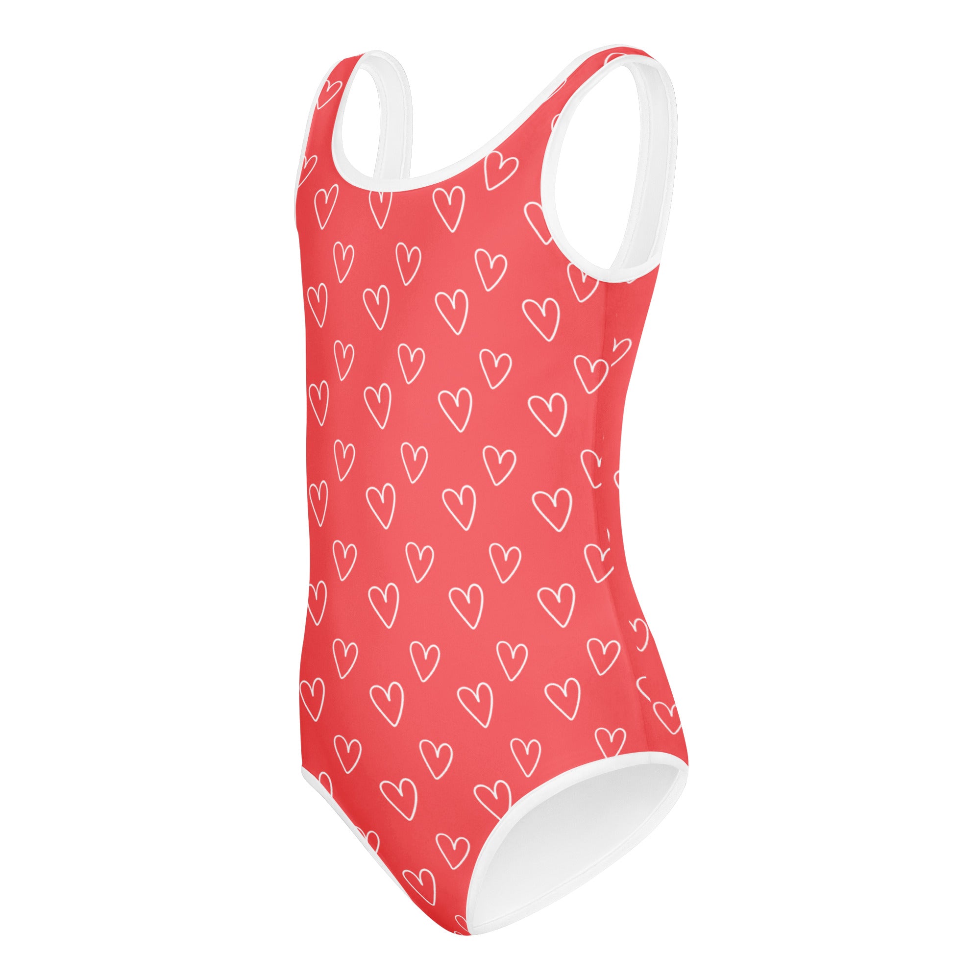 Girls heart outline buttery soft coral red one-piece swimsuit with white trim quick drying for dance and gymnastics