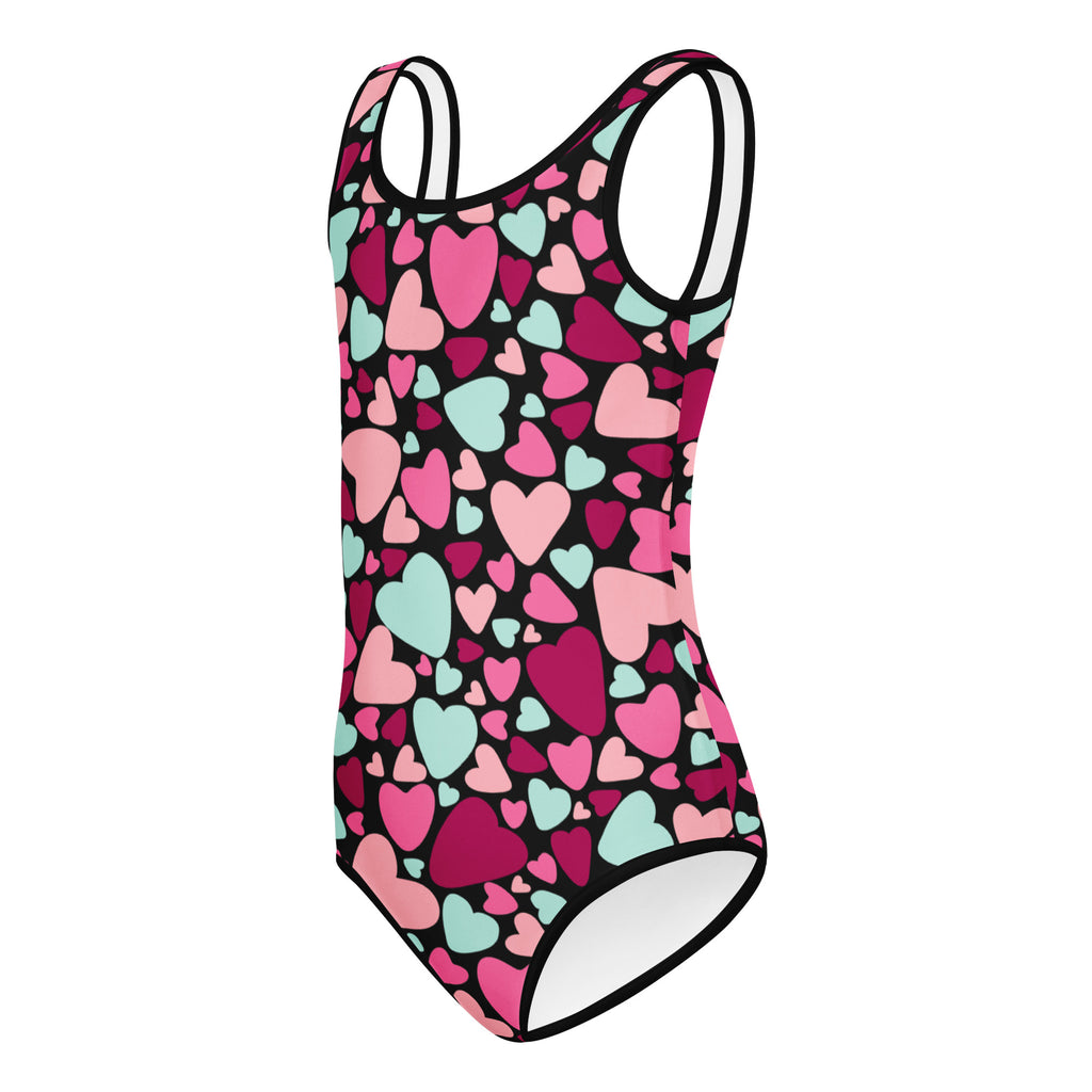 Girls Valentine’s Day multicolor heart buttery soft leotard in pink and mint green on black for dance and gymnastics