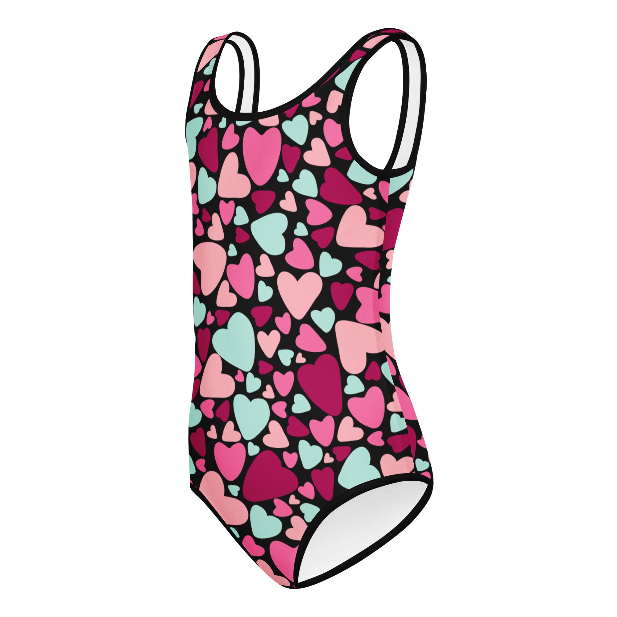 Girls Valentine’s Day multicolor heart buttery soft leotard in pink and mint green on black for dance and gymnastics