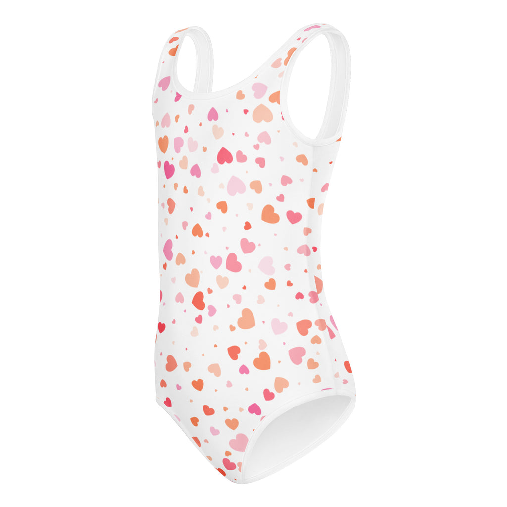 Girls pastel heart buttery soft leotard in white with pink and peach hearts designed for dance and gymnastics