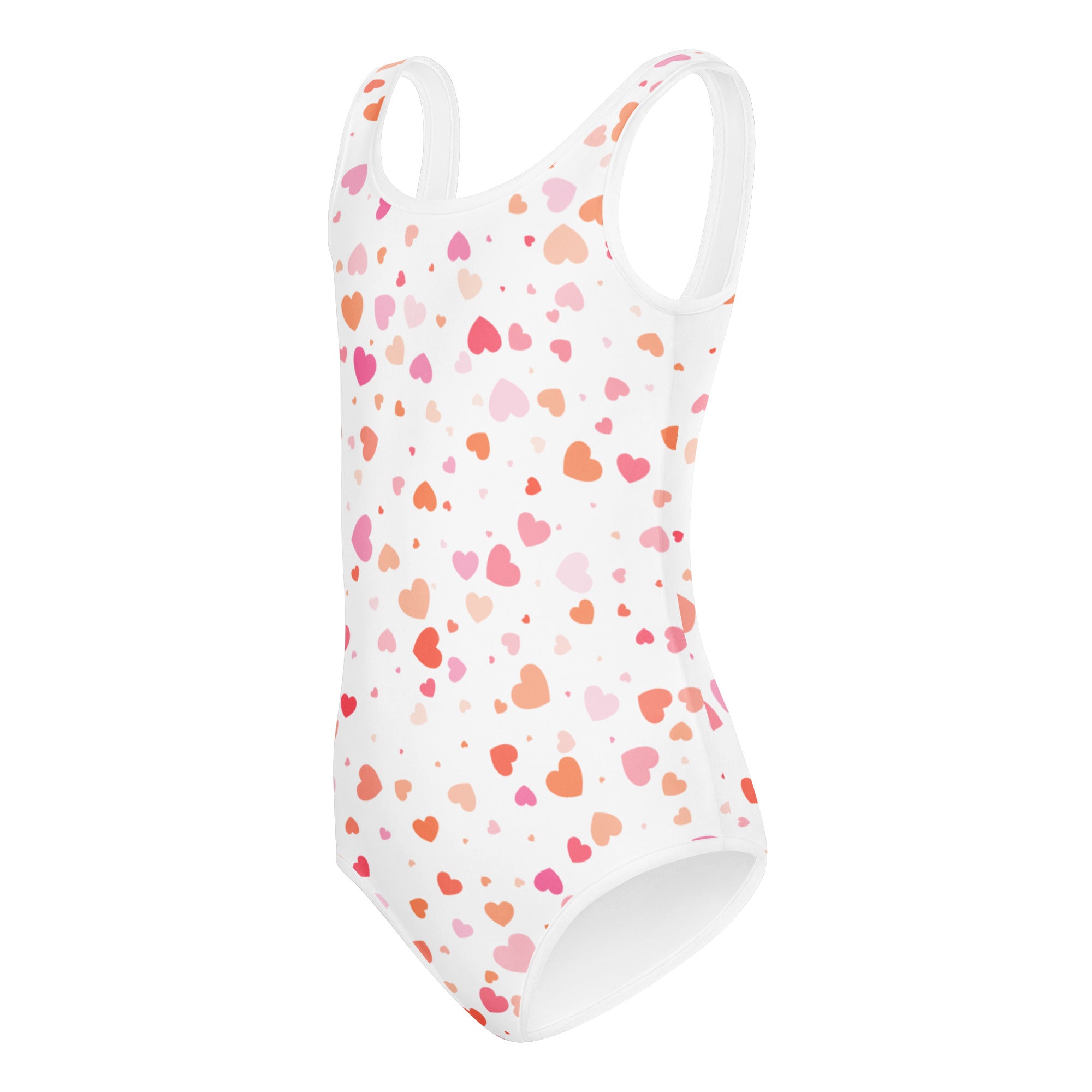 Girls pastel heart buttery soft leotard in white with pink and peach hearts designed for dance and gymnastics