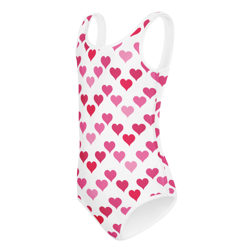 Girls Valentine’s Day white one-piece swimsuit with pink and red heart pattern buttery soft quick drying for dance and gymnastics