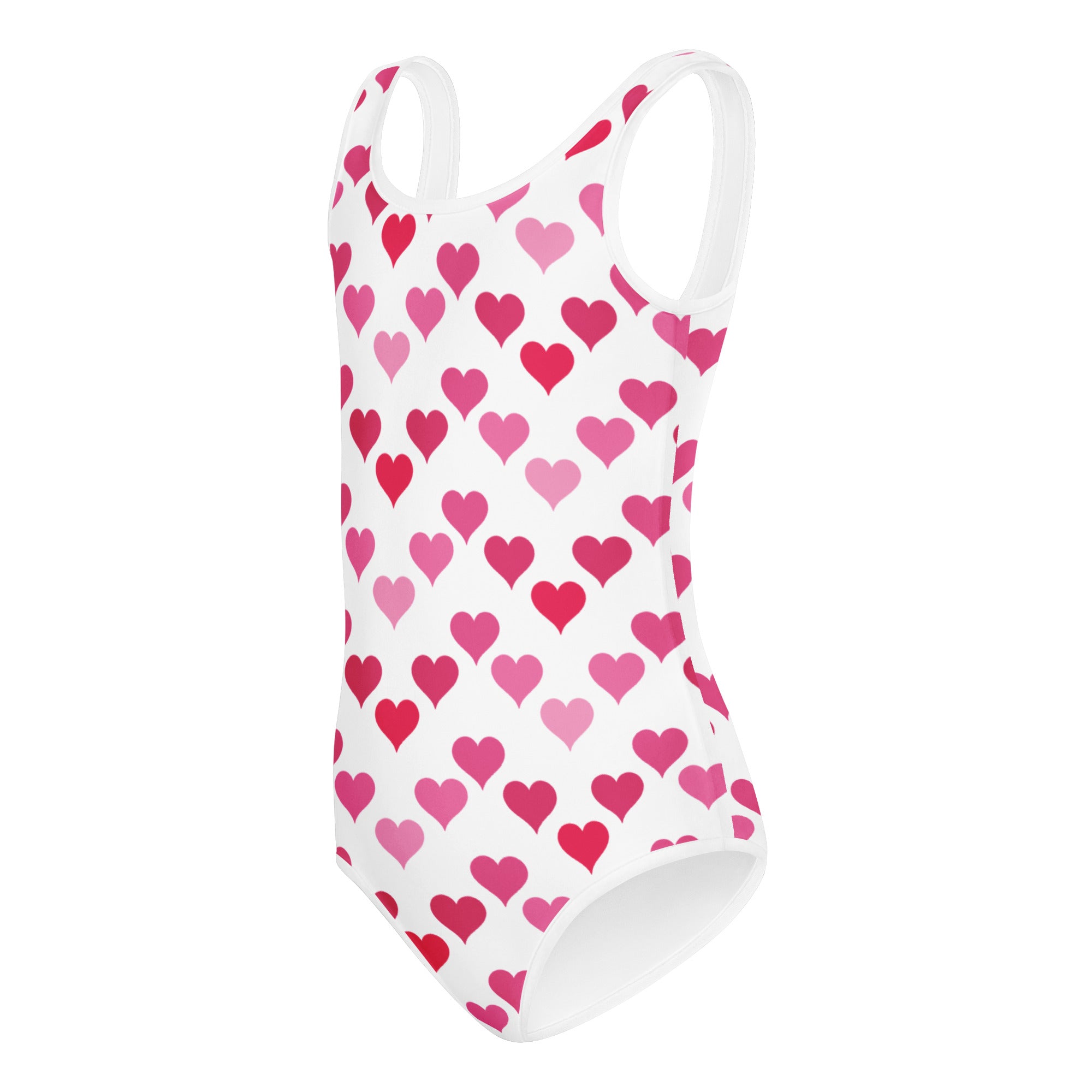 Girls Valentine’s Day white one-piece swimsuit with pink and red heart pattern buttery soft quick drying for dance and gymnastics