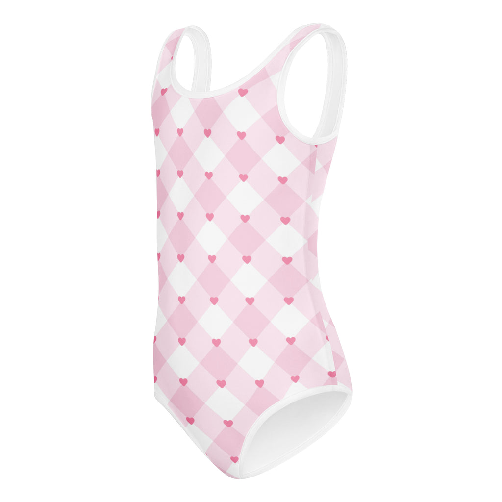 Girls pink argyle heart buttery soft quick drying leotard with small red hearts for dance and gymnastics