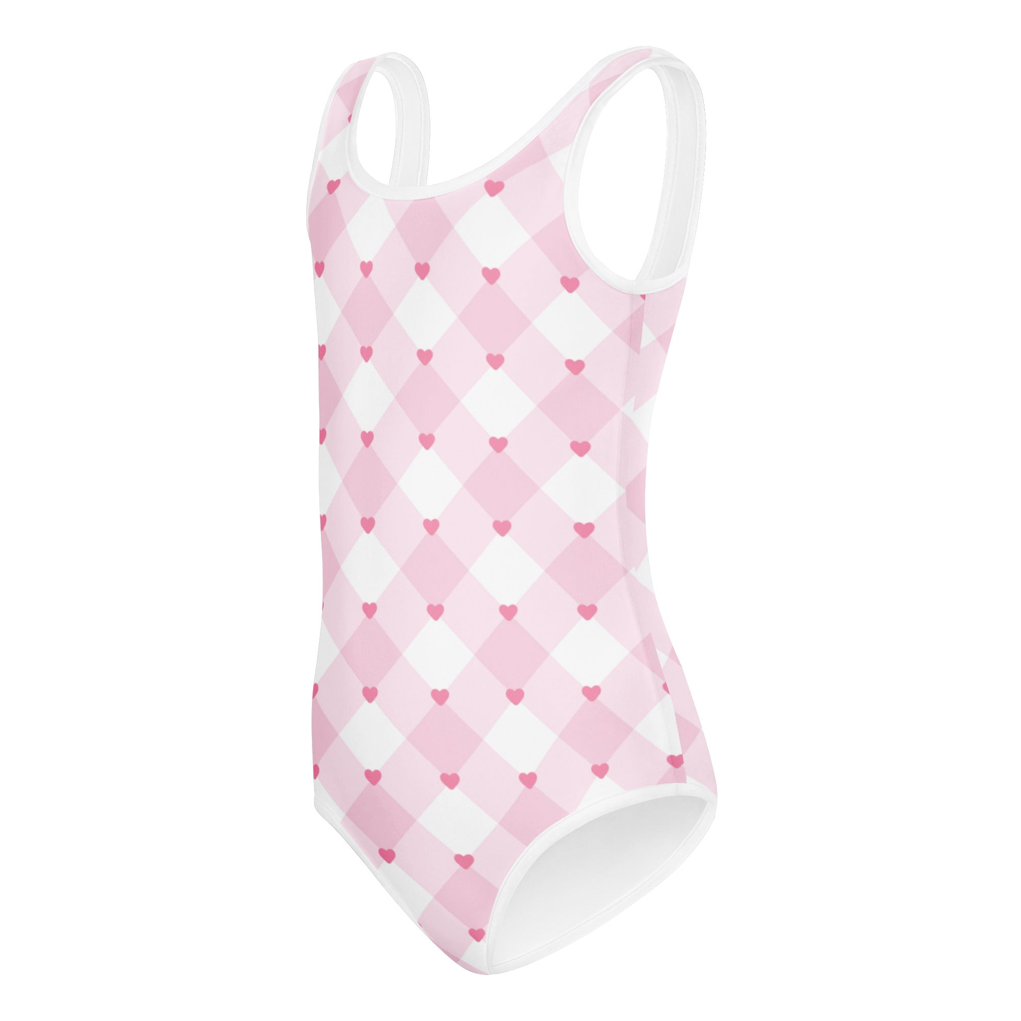 Girls pink argyle heart buttery soft quick drying leotard with small red hearts for dance and gymnastics