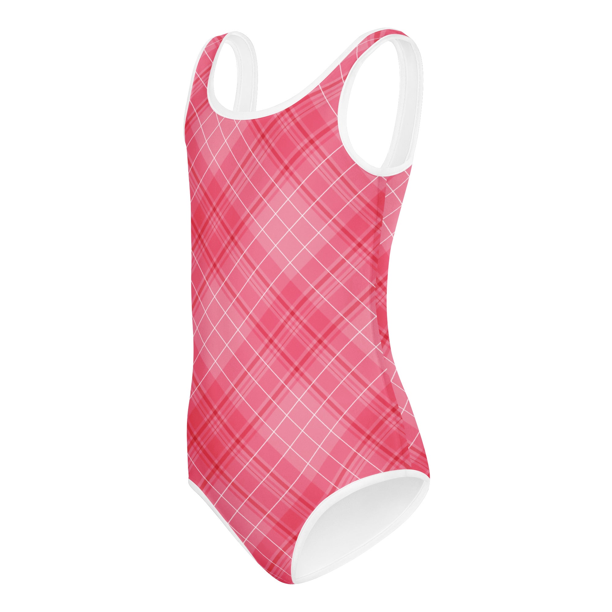Girls valentine’s day pink plaid one-piece swimsuit with white trim made of buttery soft quick drying fabric for dance and gymnastics