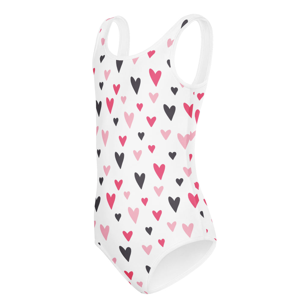 Girls valentine heart buttery soft white one-piece swimsuit with black pink hearts quick drying for dance gymnastics