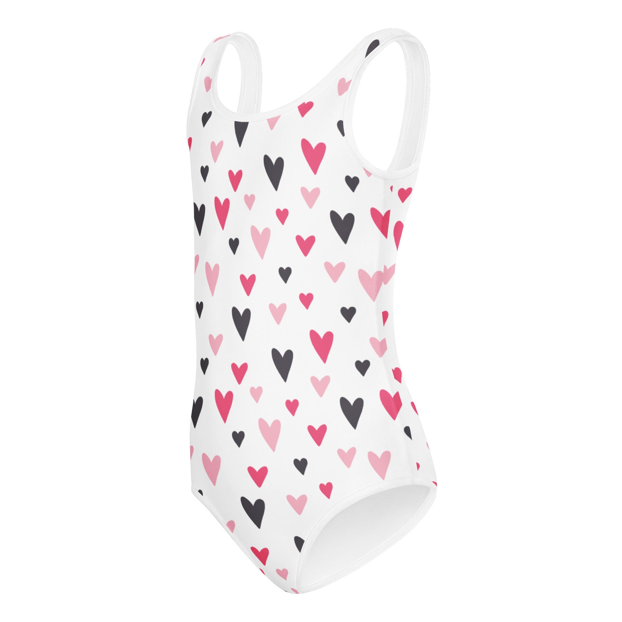Girls valentine heart buttery soft white one-piece swimsuit with black pink hearts quick drying for dance gymnastics