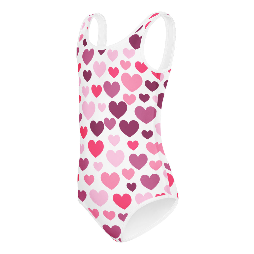 White one-piece leotard with pink and purple hearts buttery soft quick drying for girls dance and gymnastics