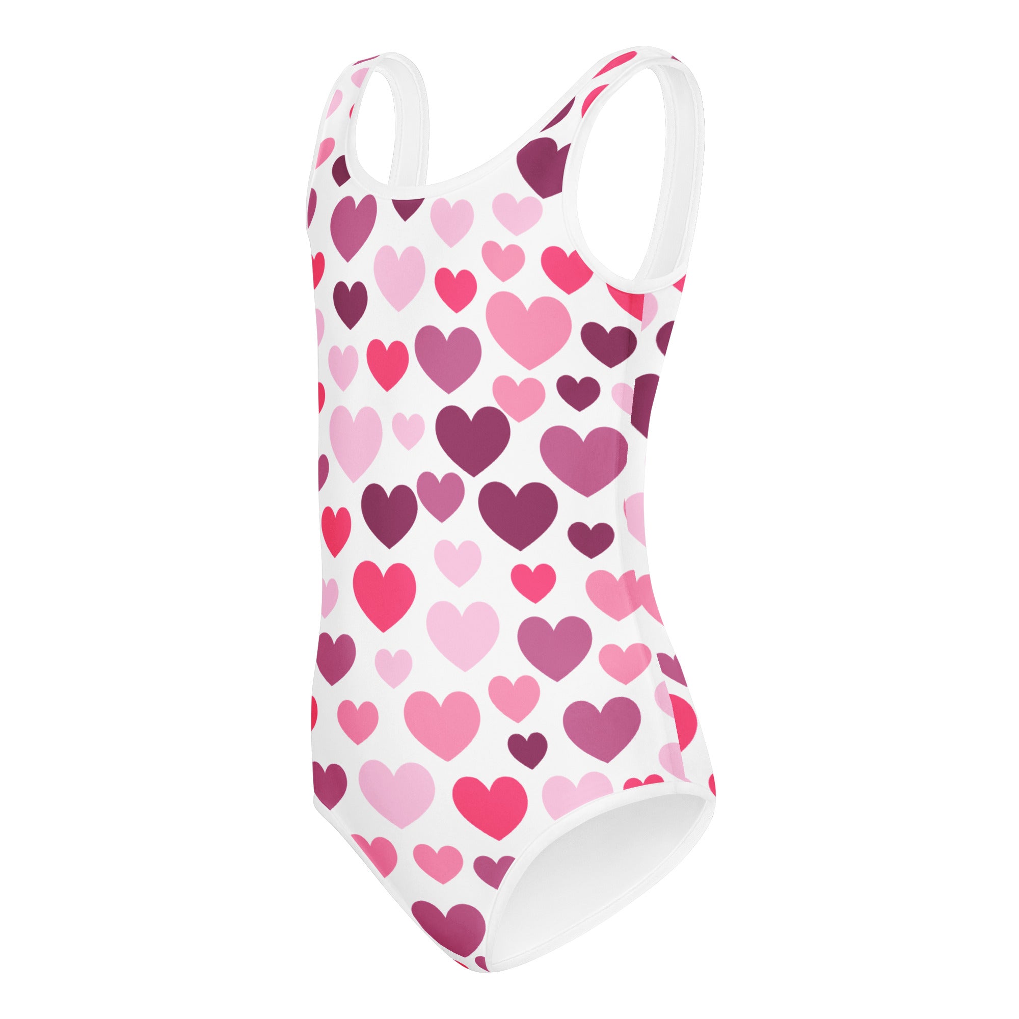 White one-piece leotard with pink and purple hearts buttery soft quick drying for girls dance and gymnastics