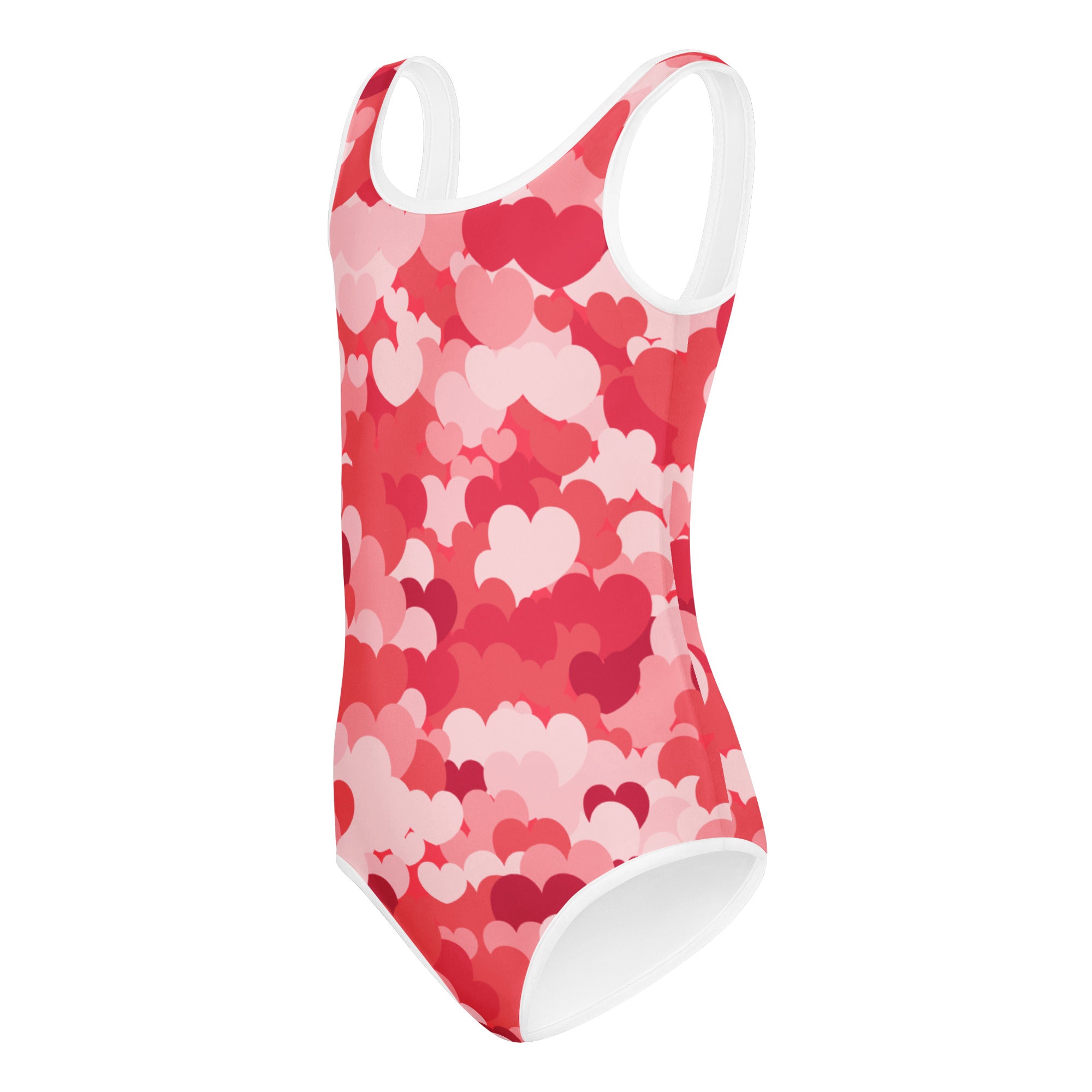 Girls heart cloud buttery soft one-piece swimsuit with red and pink hearts and white trim for dance and gymnastics