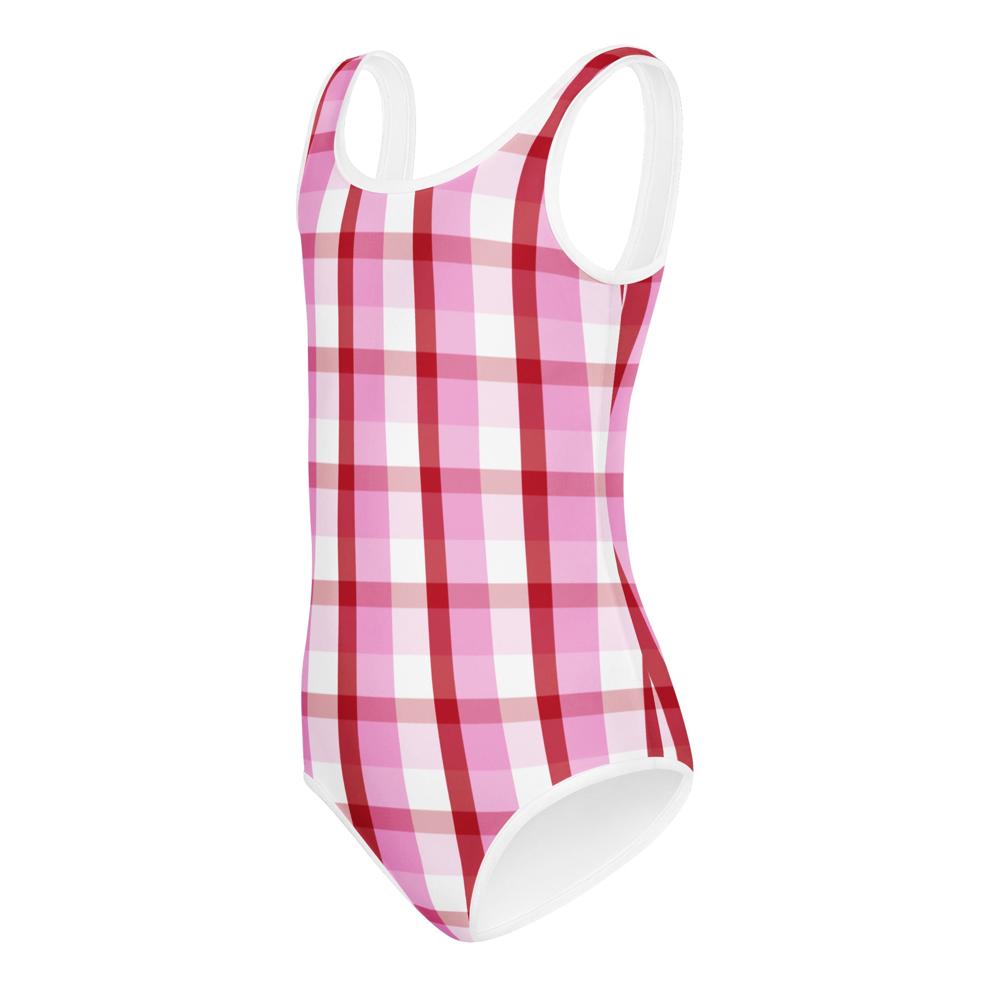 Girls Valentine pink plaid buttery soft one-piece swimsuit with contrasting white trim quick drying for dance and gymnastics