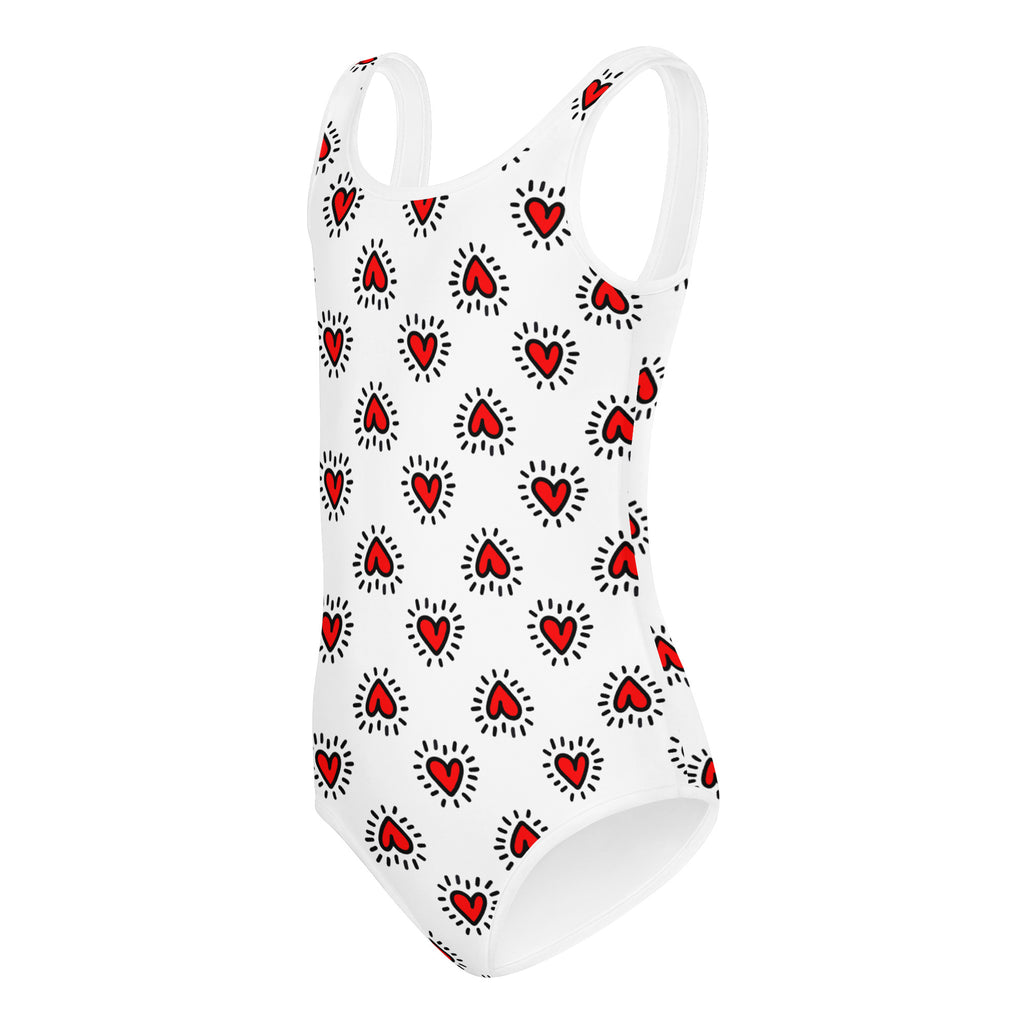 White girls valentine radiant heart leotard with red heart pattern and radiant lines quick drying buttery soft