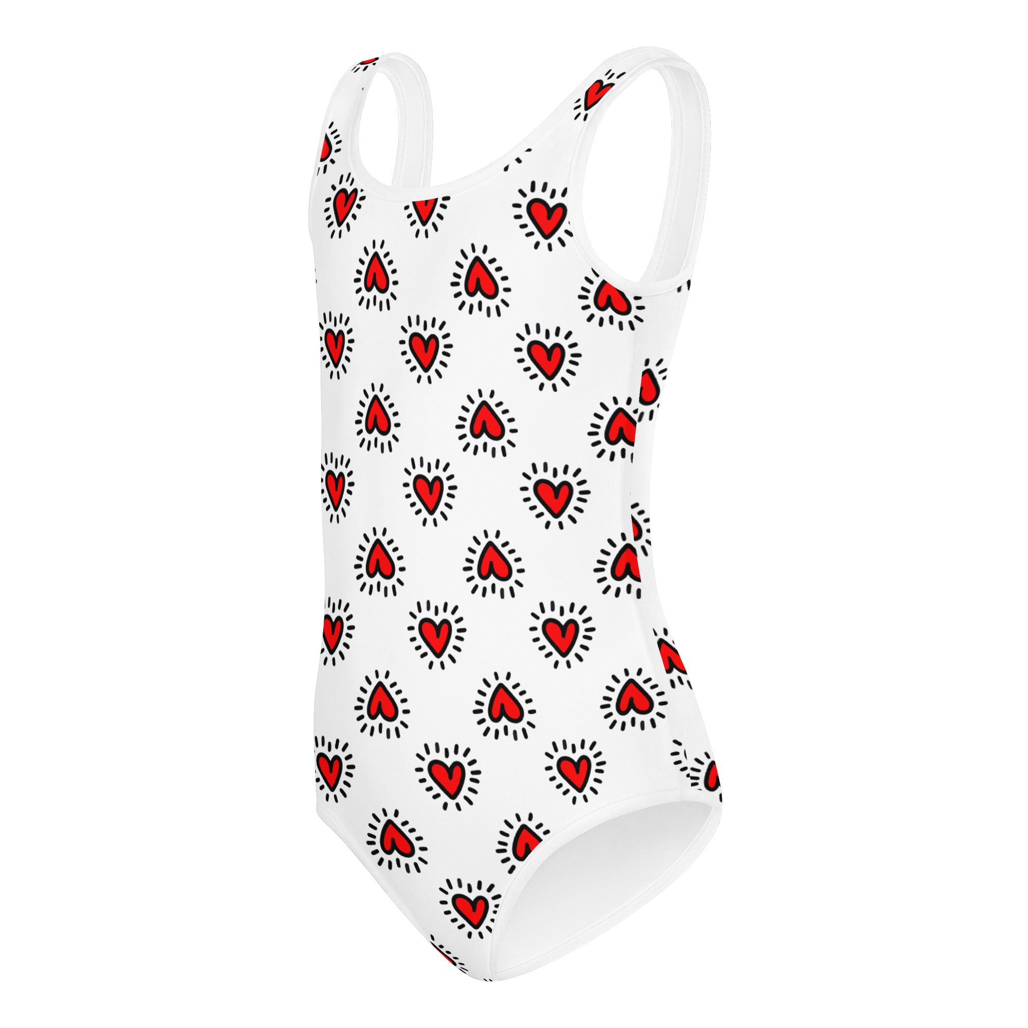 White girls valentine radiant heart leotard with red heart pattern and radiant lines quick drying buttery soft