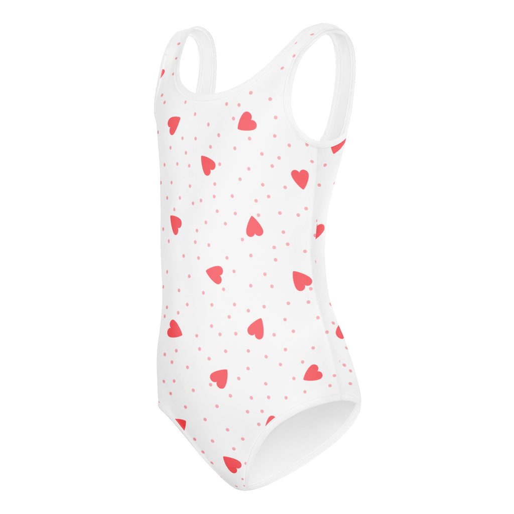 White girls heart polka dot buttery soft quick drying leotard with red heart and dot pattern for dance and gymnastics