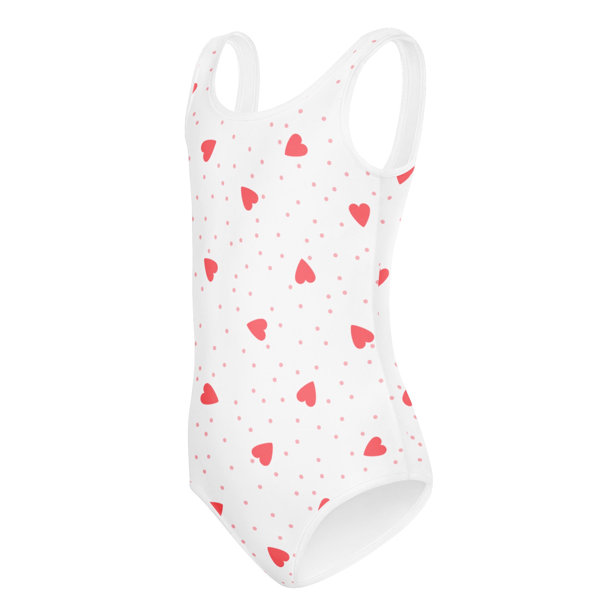 White girls heart polka dot buttery soft quick drying leotard with red heart and dot pattern for dance and gymnastics