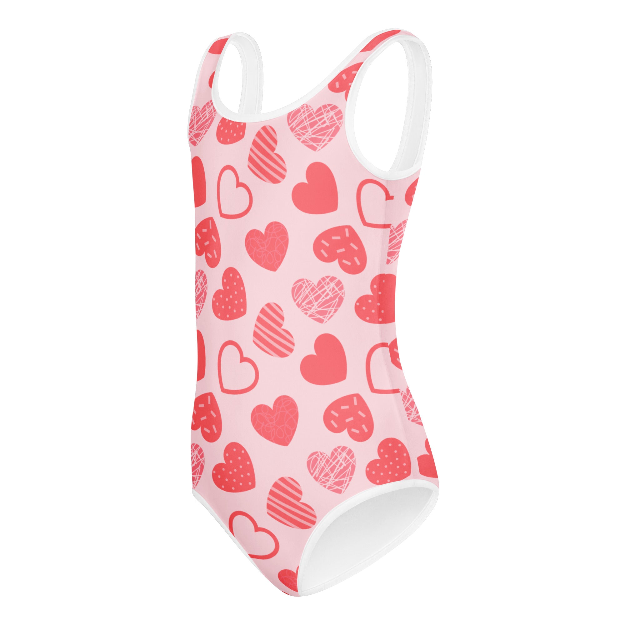 Girls pink heart pattern buttery soft leotard with white trim quick drying for dance and gymnastics