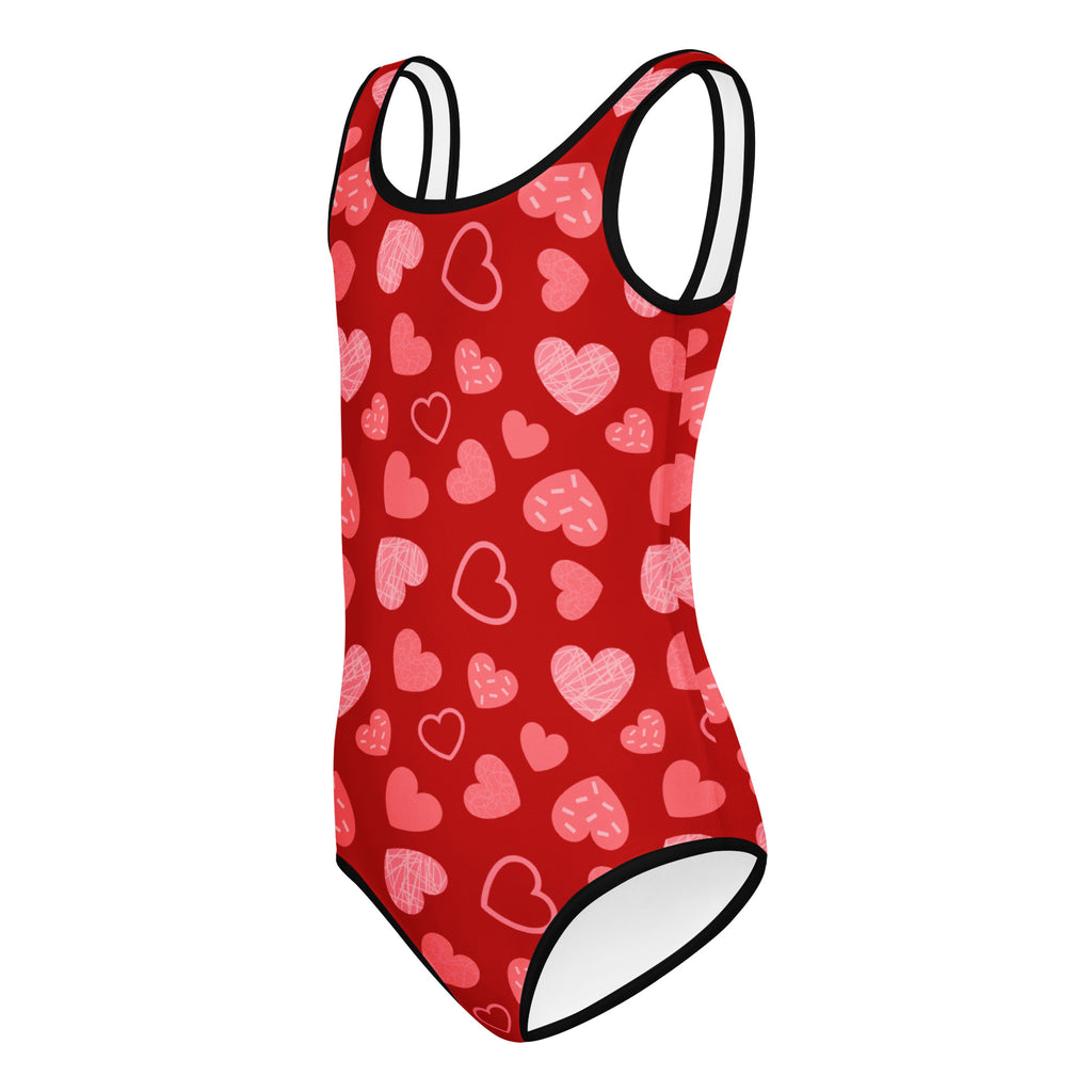 Girls red heart pattern buttery soft leotard with pink and white hearts quick drying for dance and gymnastics