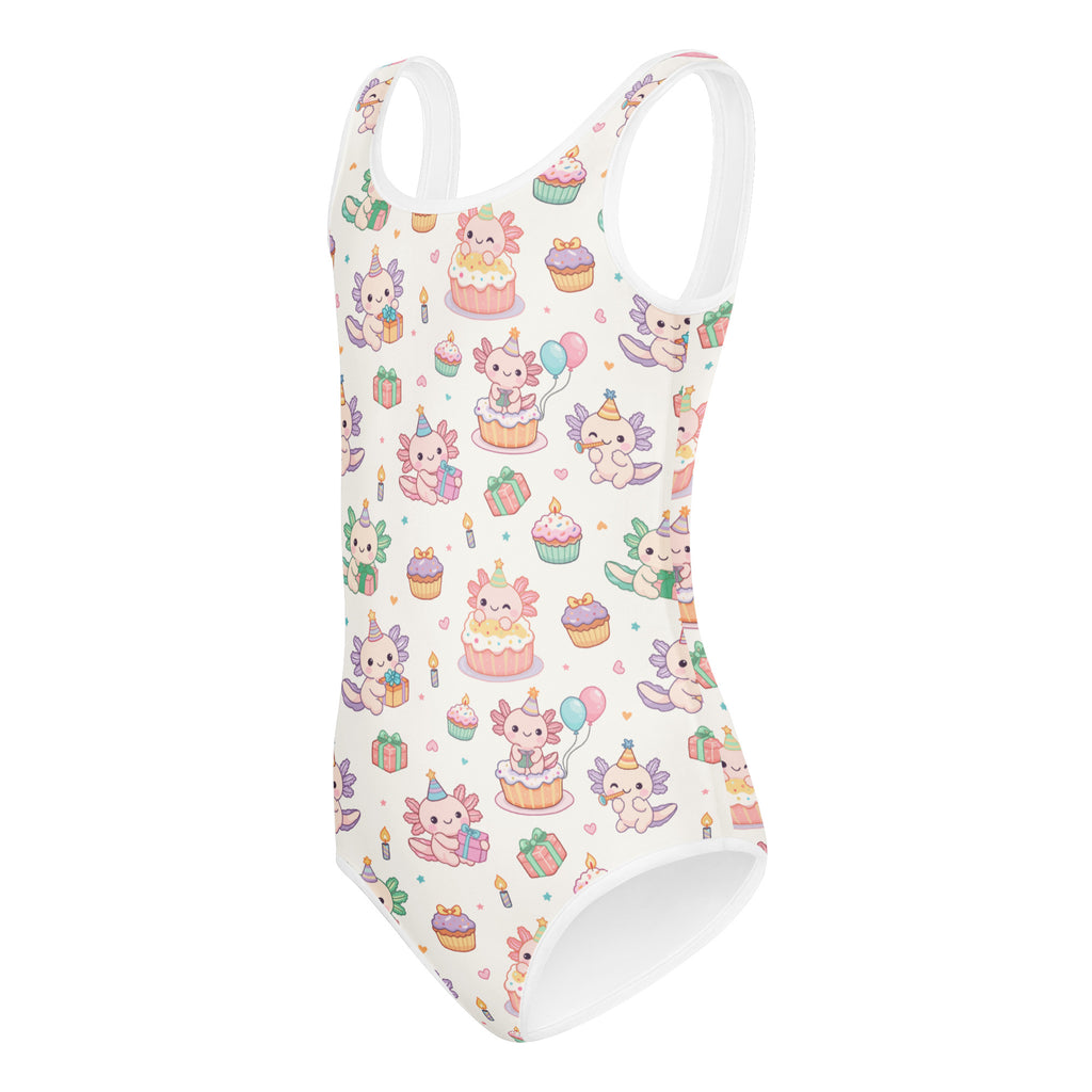 White girls axolotl birthday buttery soft quick drying leotard with pastel birthday cartoon pattern for dance and gymnastics
