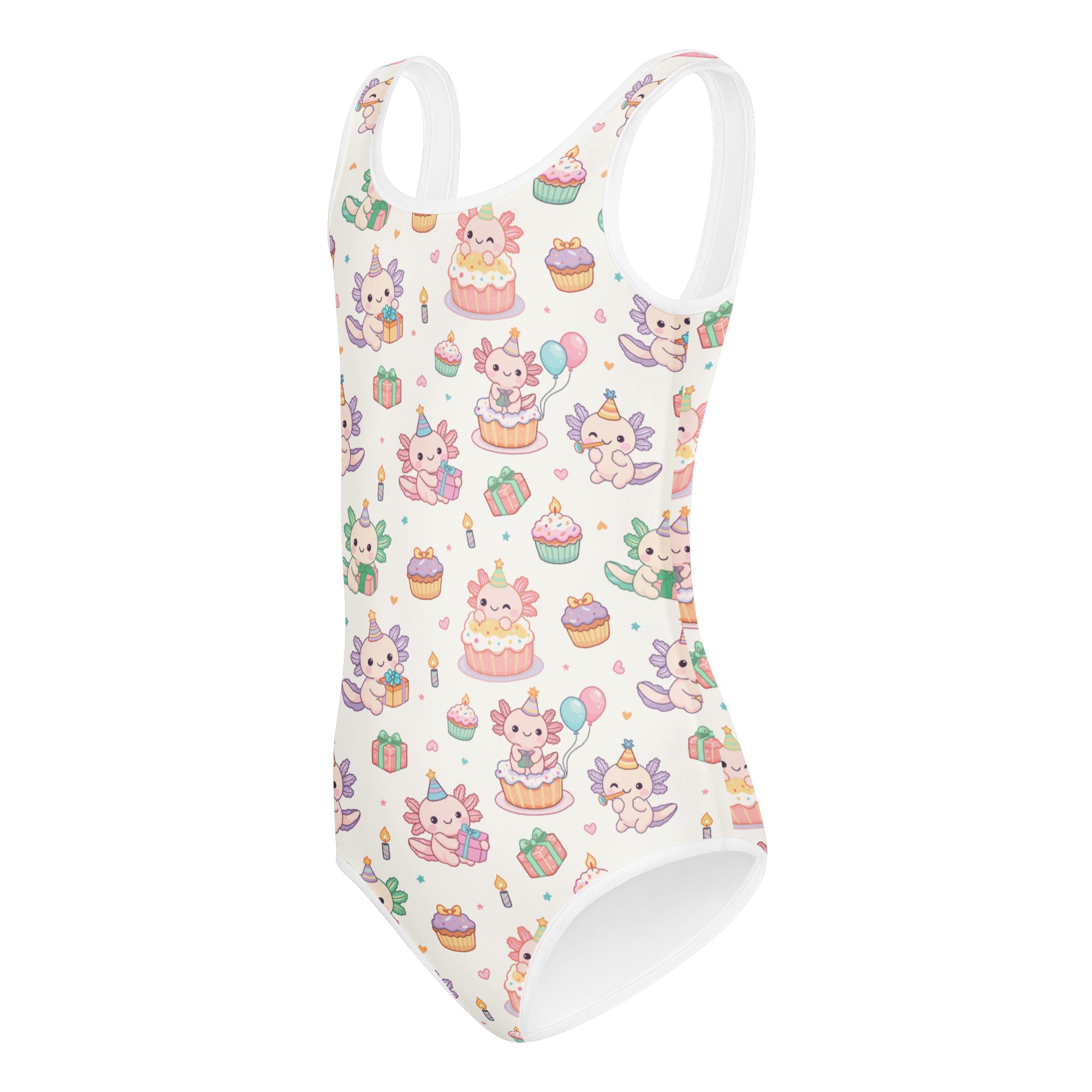 White girls axolotl birthday buttery soft quick drying leotard with pastel birthday cartoon pattern for dance and gymnastics
