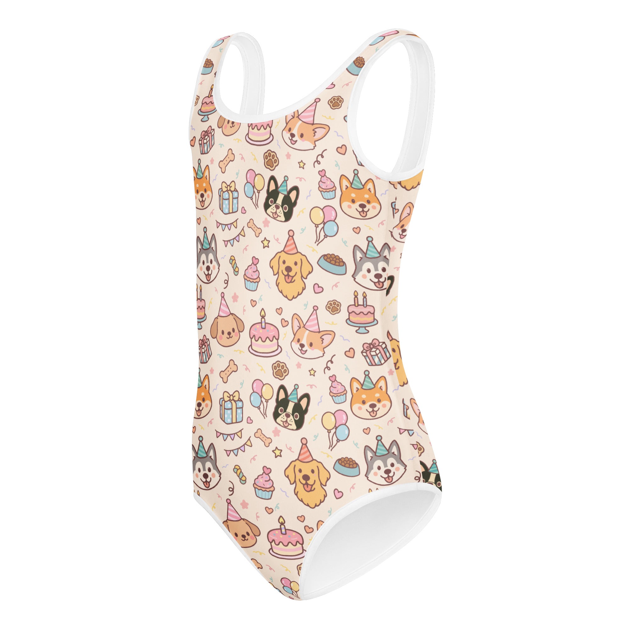 Girls puppy birthday buttery soft leotard in cream with cartoon dogs party hats cupcakes balloons quick drying design