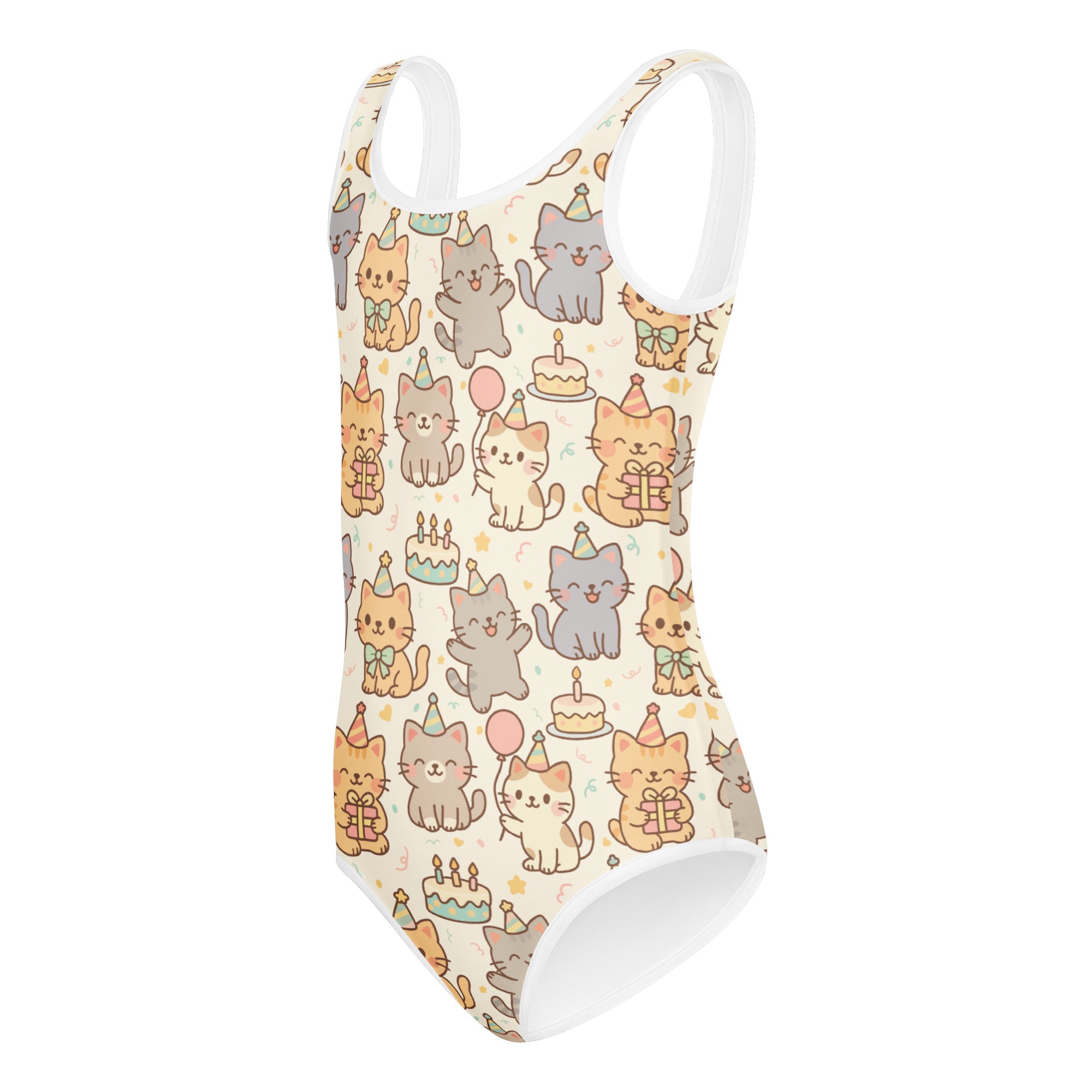 A playful buttery soft girls one-piece leotard with pastel cartoon cats for dance and gymnastics quick drying
