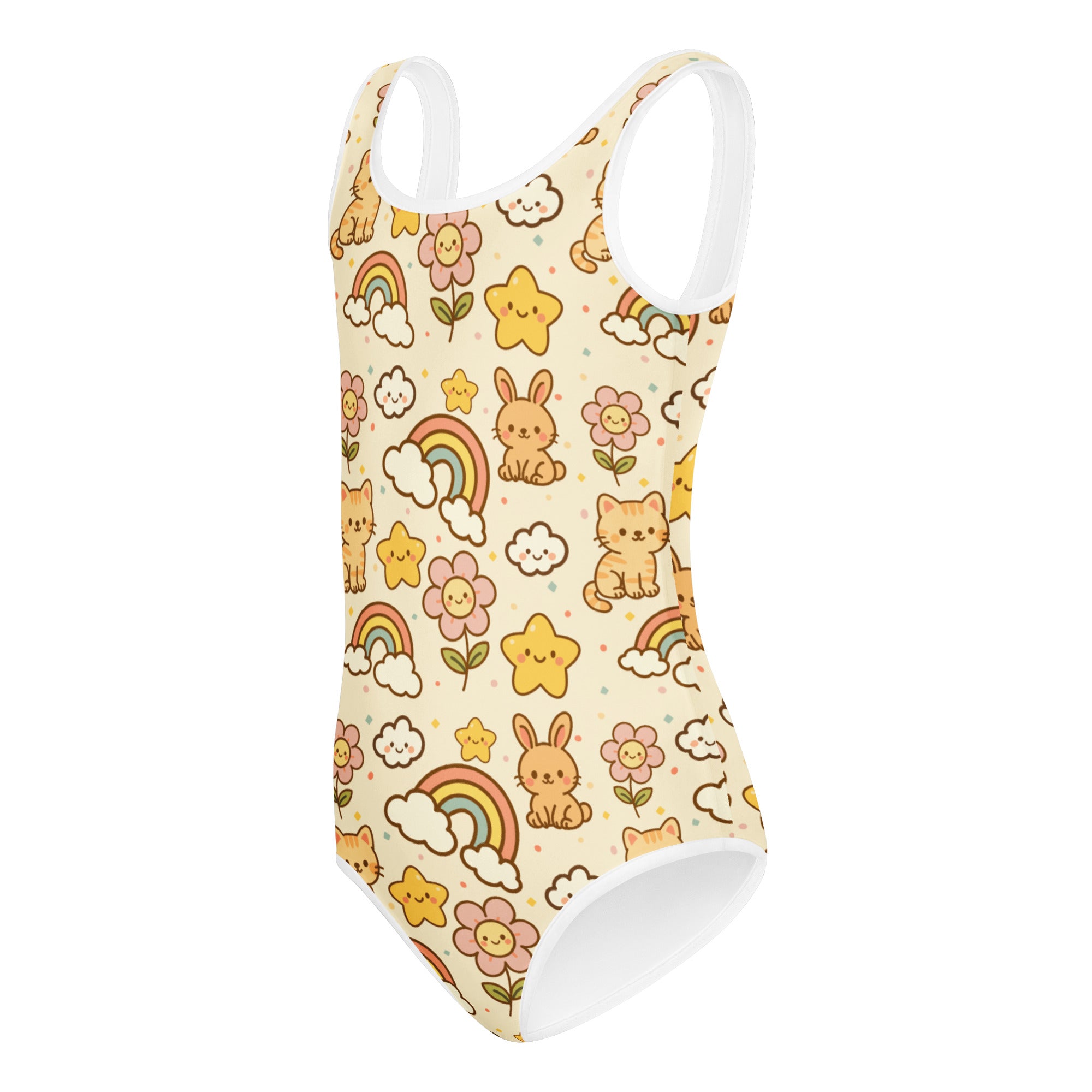 A cream-colored buttery soft girls leotard with cartoon bunnies cats rainbows and flowers for dance and gymnastics