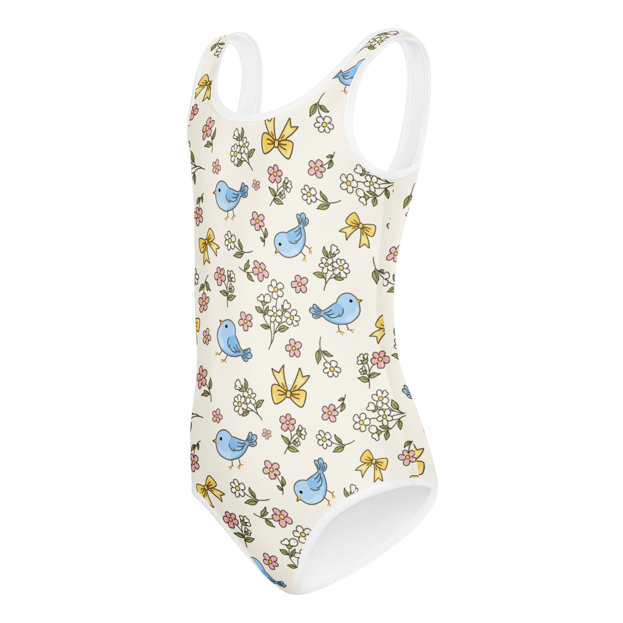 Girls blue bird floral buttery soft one-piece swimsuit with blue birds yellow bows and pink flowers on off-white background