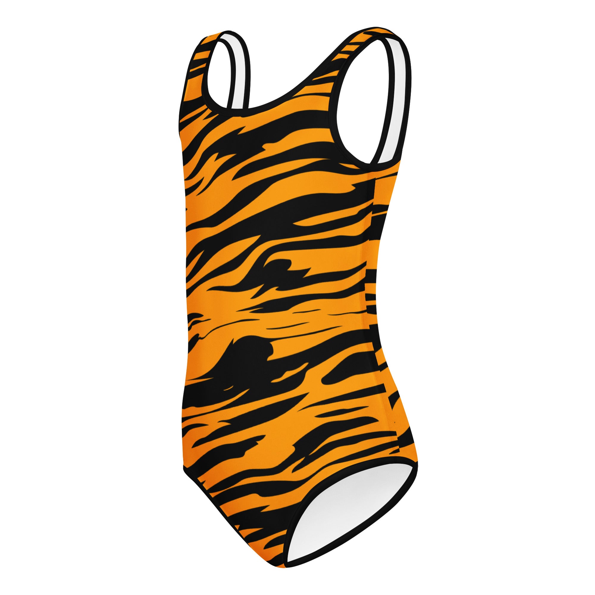 Girls tiger stripe buttery soft one-piece swimsuit in orange and black with white trim for dance and gymnastics