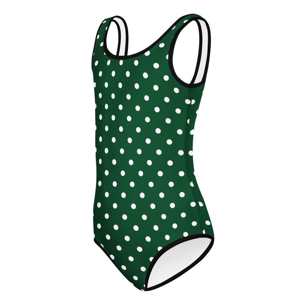 Girls dark green polka dot buttery soft quick drying leotard with black trim for dance and gymnastics