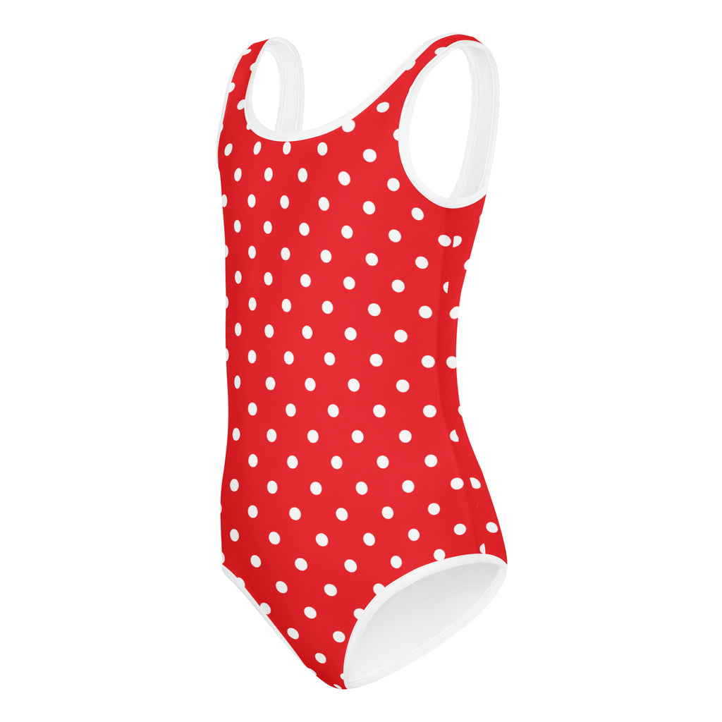 Girls red polka dot buttery soft quick drying leotard in one-piece swimsuit style for dance and gymnastics