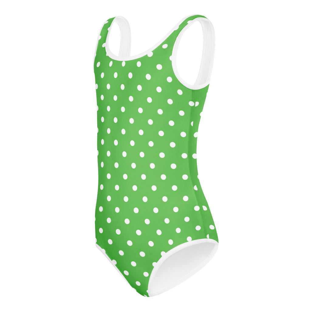 Girls green polka dot buttery soft leotard with white trim quick drying for dance and gymnastics