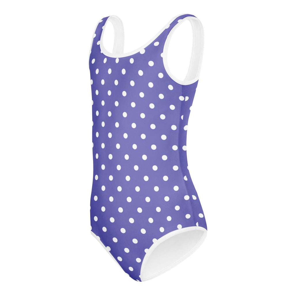 Girls purple polka dot buttery soft leotard with white trim quick drying for dance and gymnastics