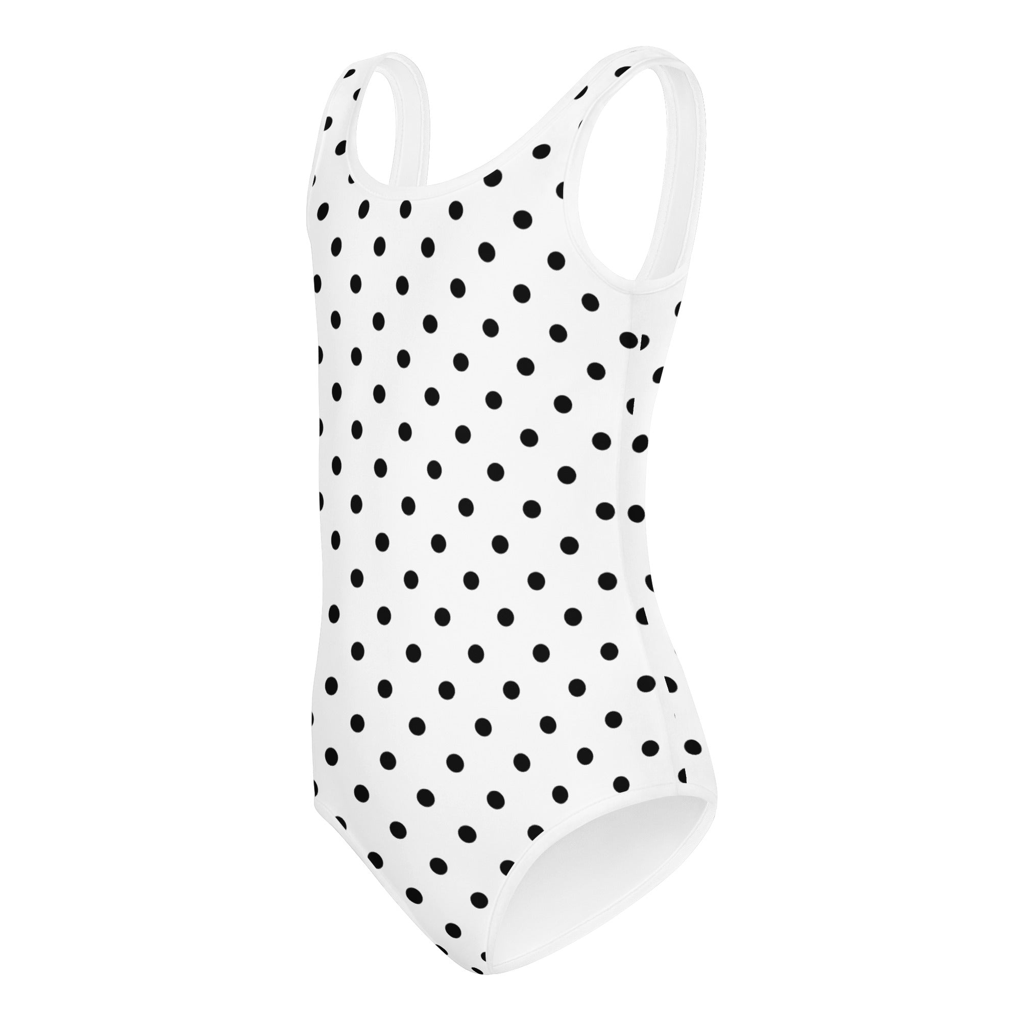 Girls white one-piece leotard with black polka dots buttery soft quick drying for dance and gymnastics