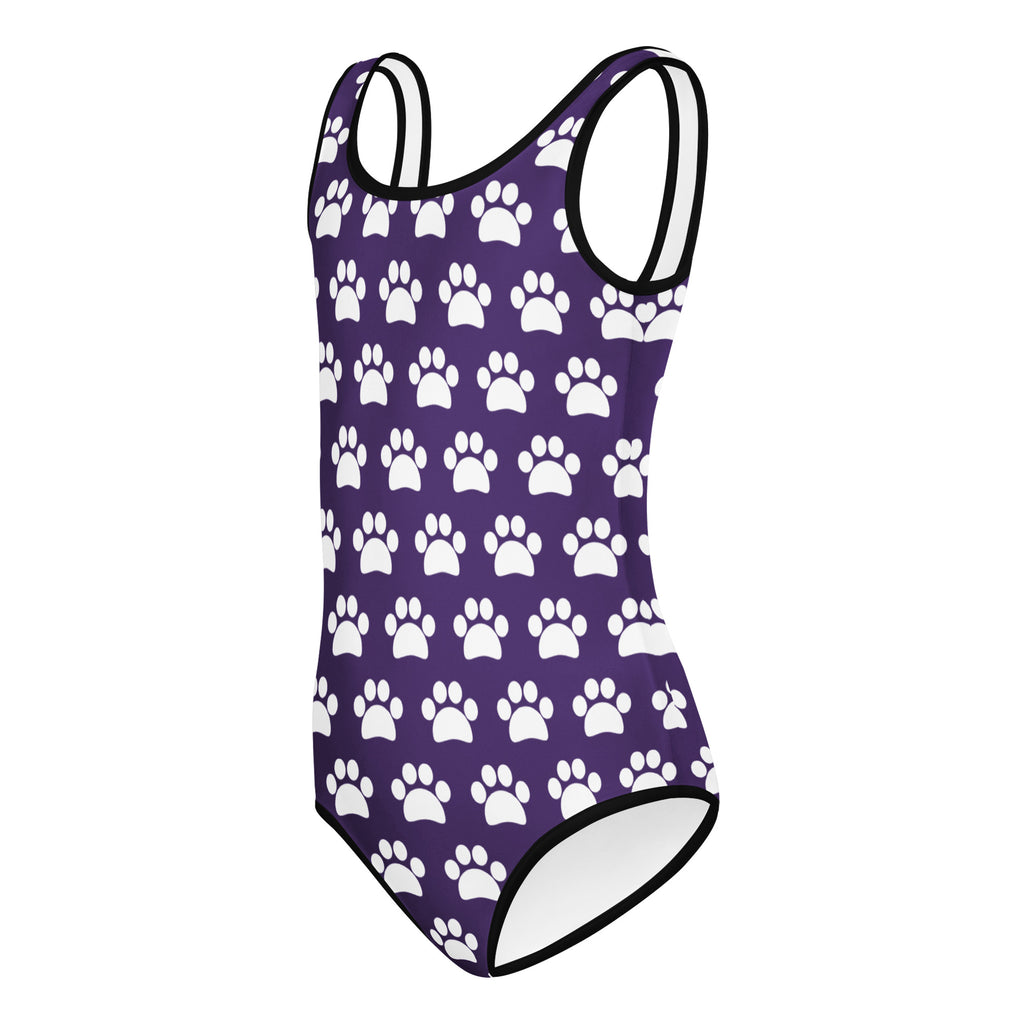 Girls purple buttery soft leotard with white paw print pattern and black trim quick drying for dance and gymnastics