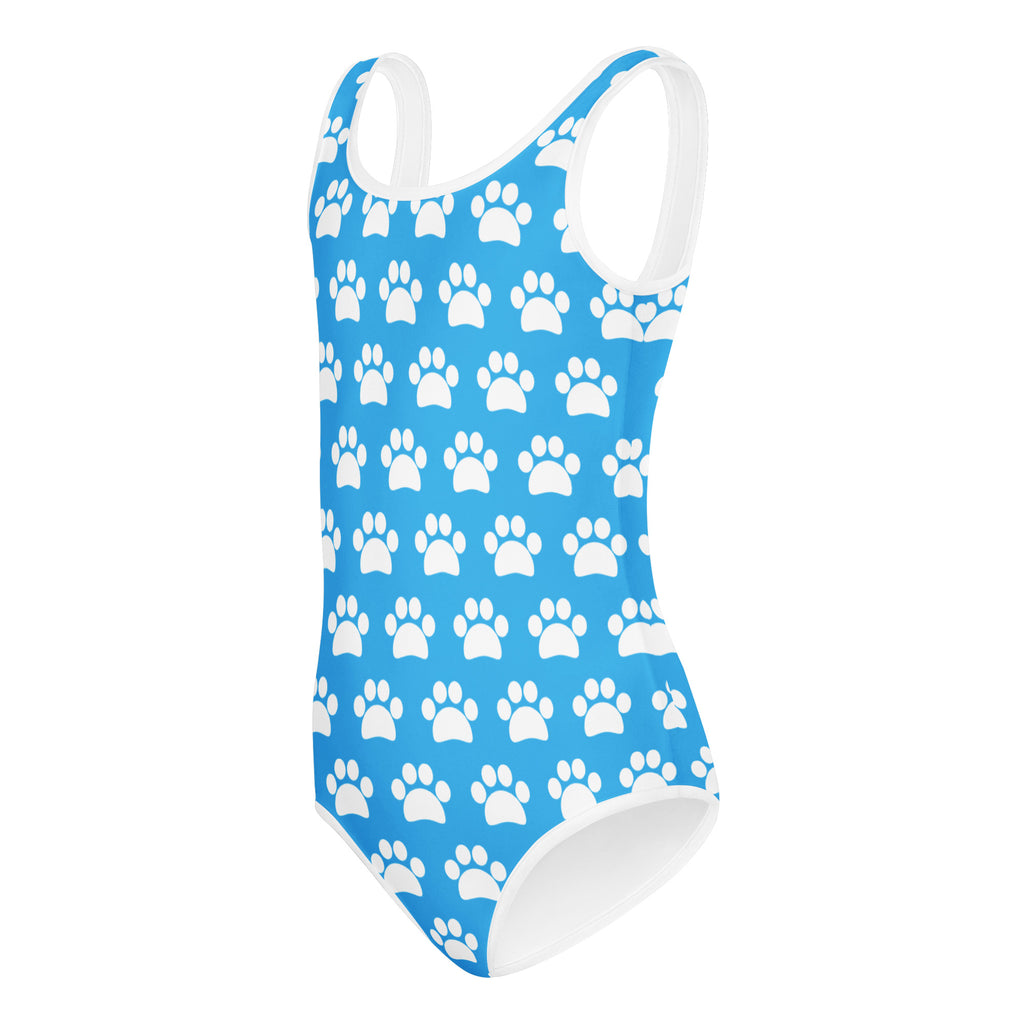 Girls sky blue buttery soft leotard with white paw print pattern and trim quick drying for dance and gymnastics