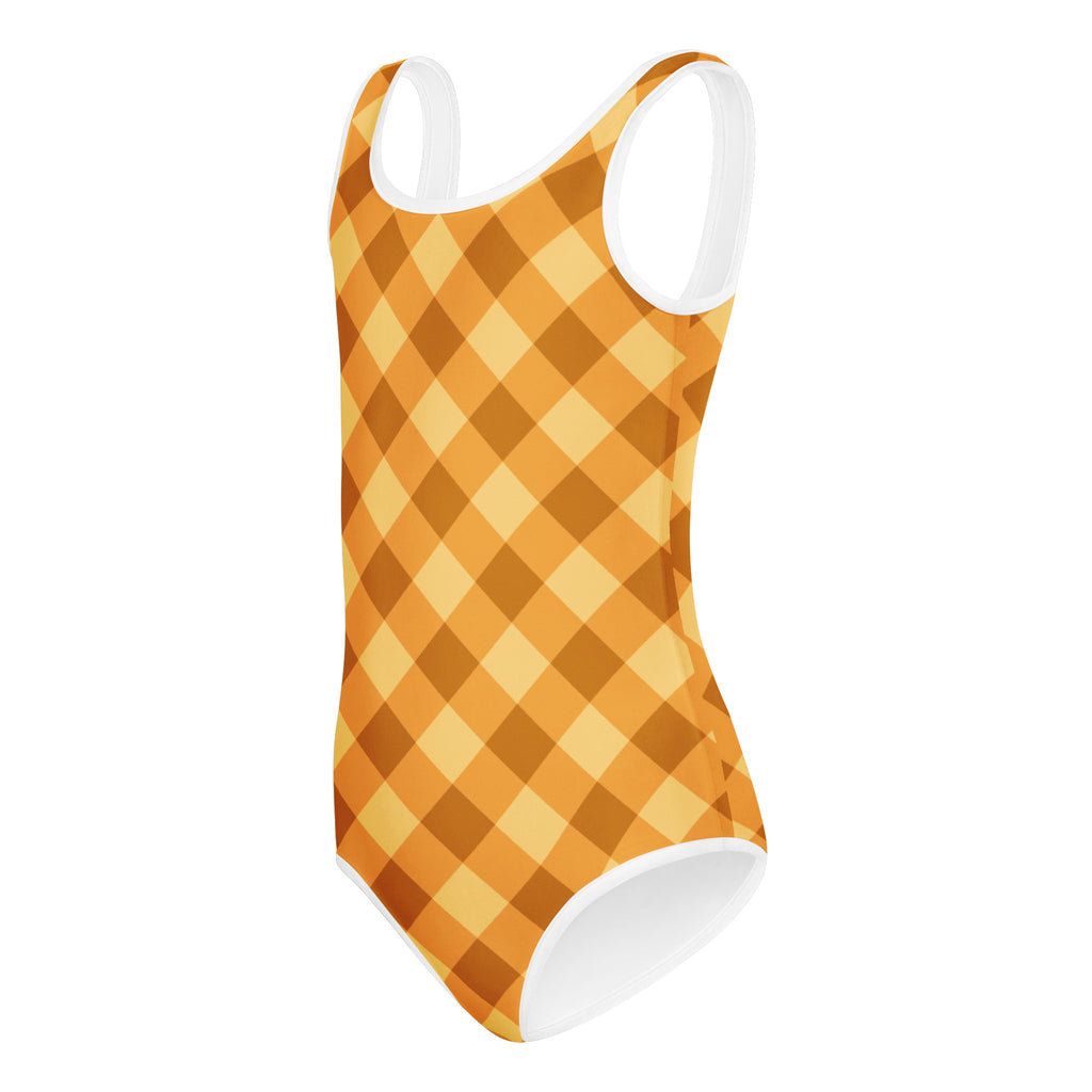 Girls golden gingham buttery soft leotard in vibrant orange and yellow checkered pattern with white trim for dance and gymnastics