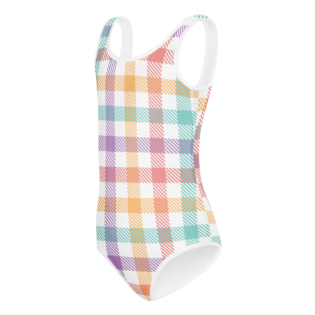 Girls pastel gingham buttery soft one-piece swimsuit with vibrant plaid pattern and white straps for dance and gymnastics